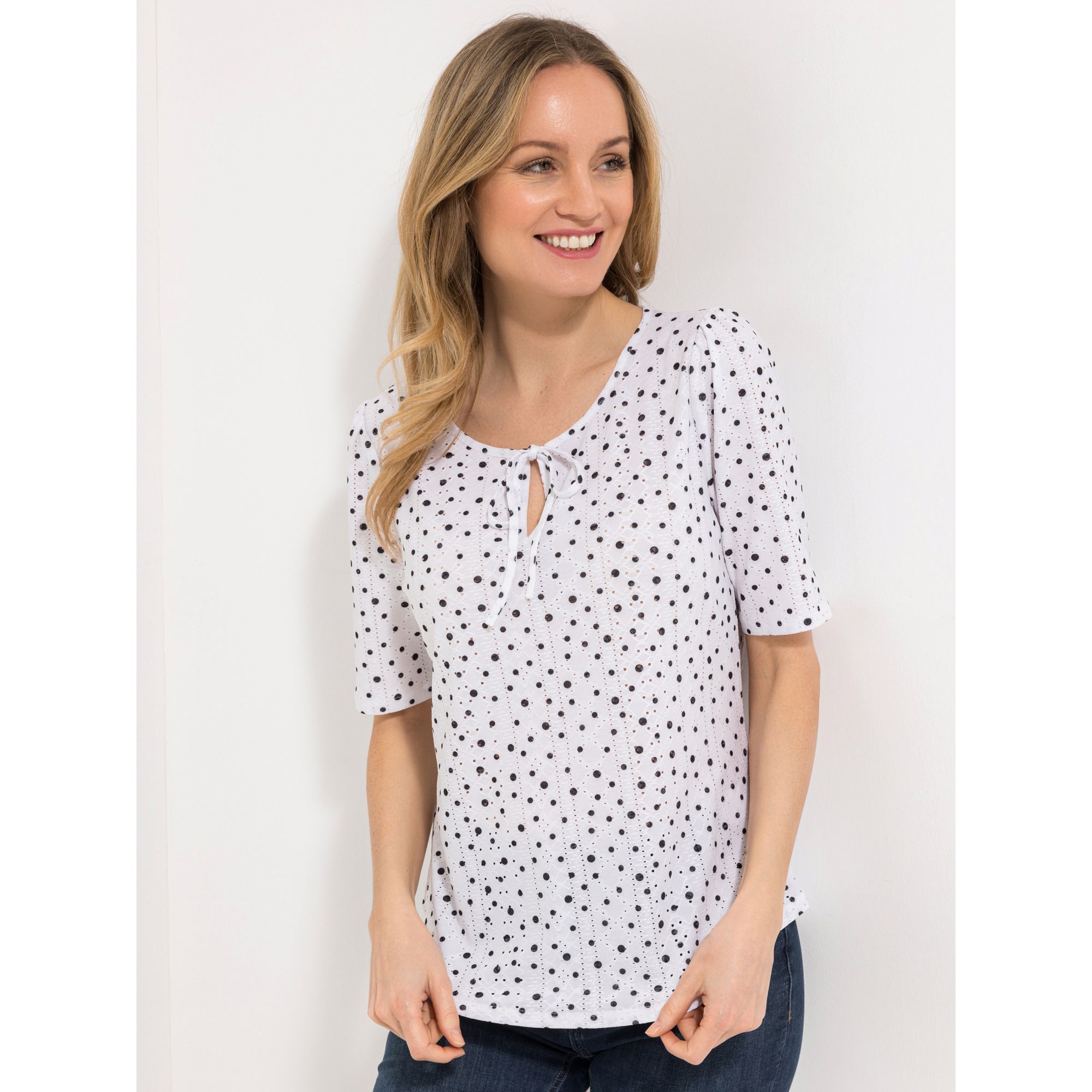 DENIM & CO. Shirt, 1/2-Arm Rundhalsausschnitt Bindeband Lochstickerei