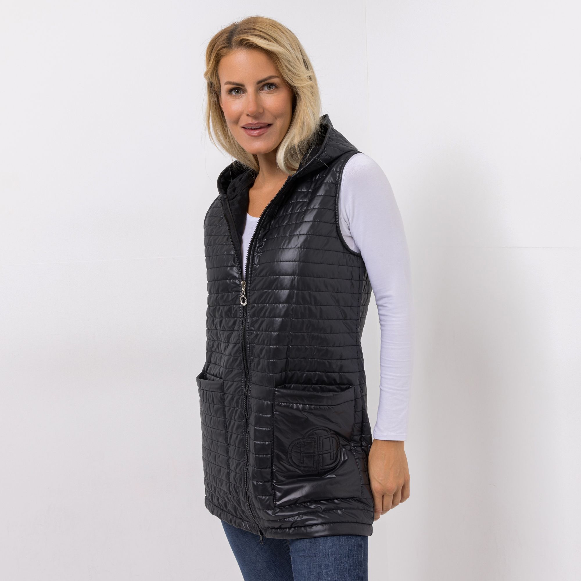 AMINATI® Steppweste 2-Wege-Reißverschluss Kapuze lange Form