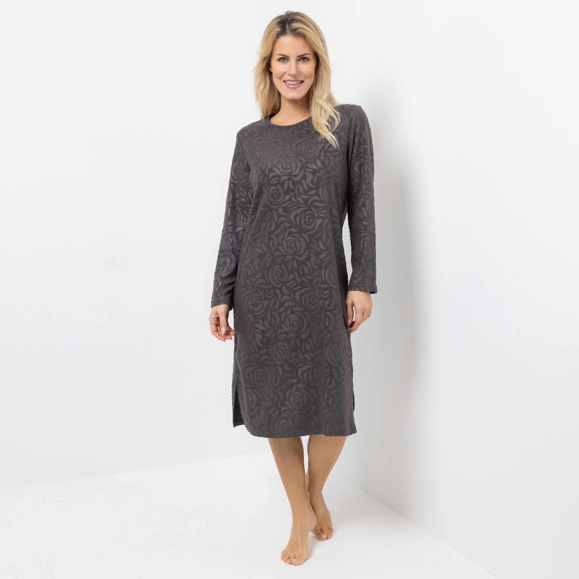 POLARSTERN Nachthemd, 1/1-Arm Mikrofaser Fleece Rundhalsausschnitt florale Prägung