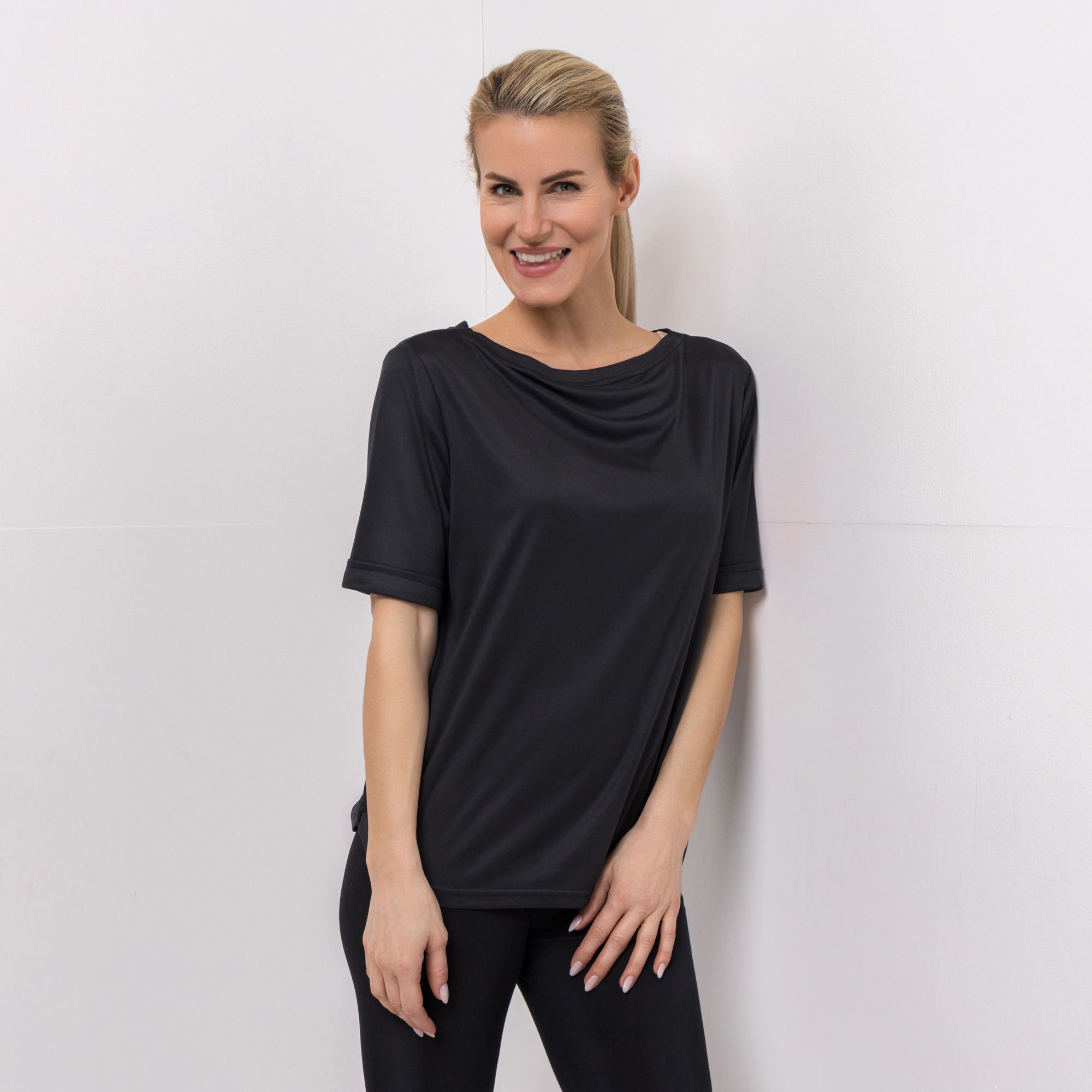 JERYMOOD HOMEWEAR Shirt, 1/2-Arm Rundhalsausschnitt abgerundeter Saum Ärmelaufschlag