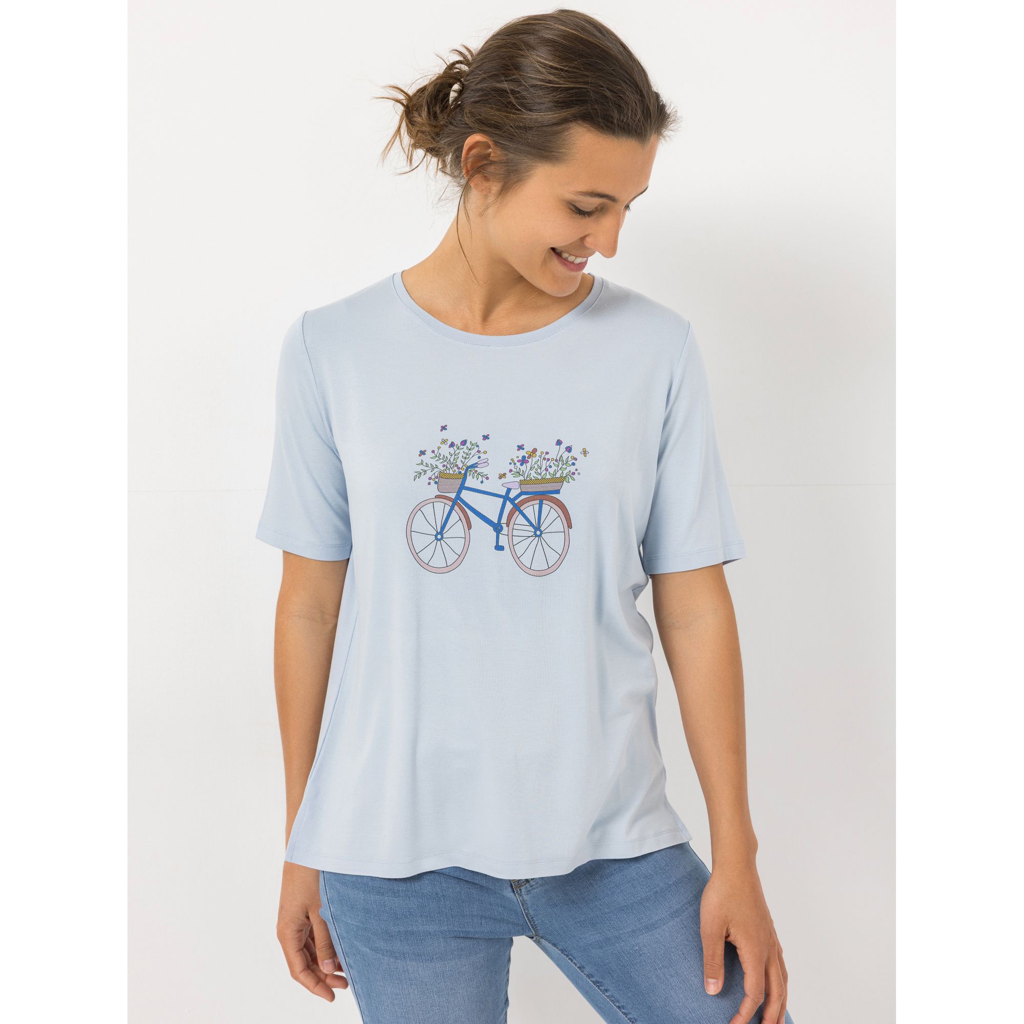 DENIM & CO. Shirt, 1/2-Arm Rundhalsausschnitt Seitenschlitze platzierter Druck