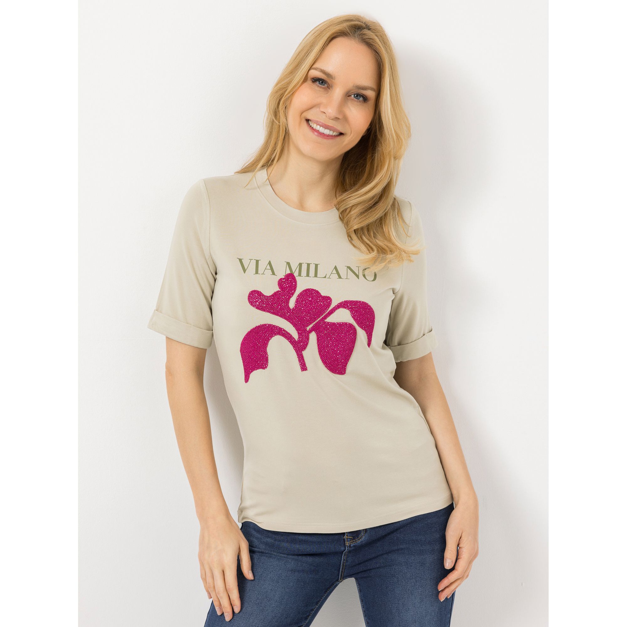 VIA MILANO Shirt, 1/2-Arm Rundhalsausschnitt Stickerei figurumspielend