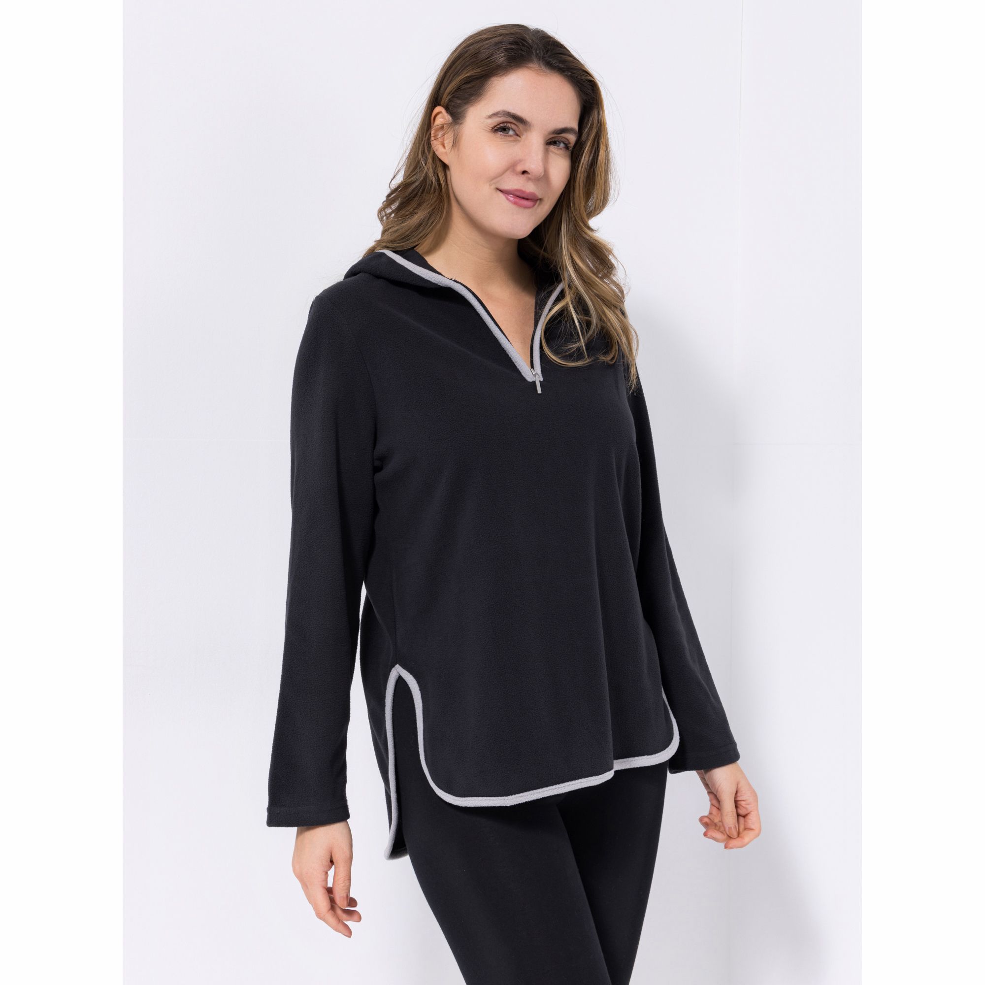 POLARSTERN HOMEWEAR Kapuzenpullover Flanell Fleece Reißverschluss Seitenschlitze