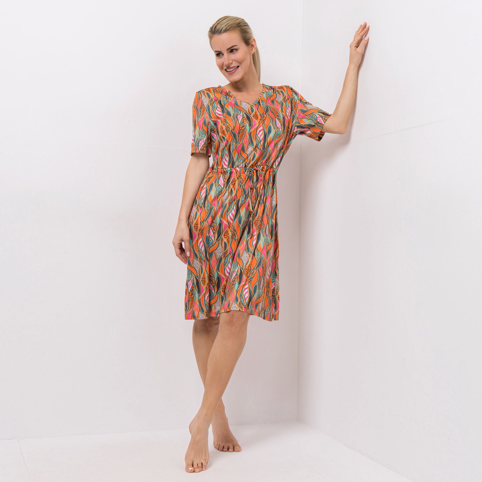 JERYMOOD HOMEWEAR Kleid, 1/2-Arm V-Ausschnitt Kordelzug in Taille leger weit