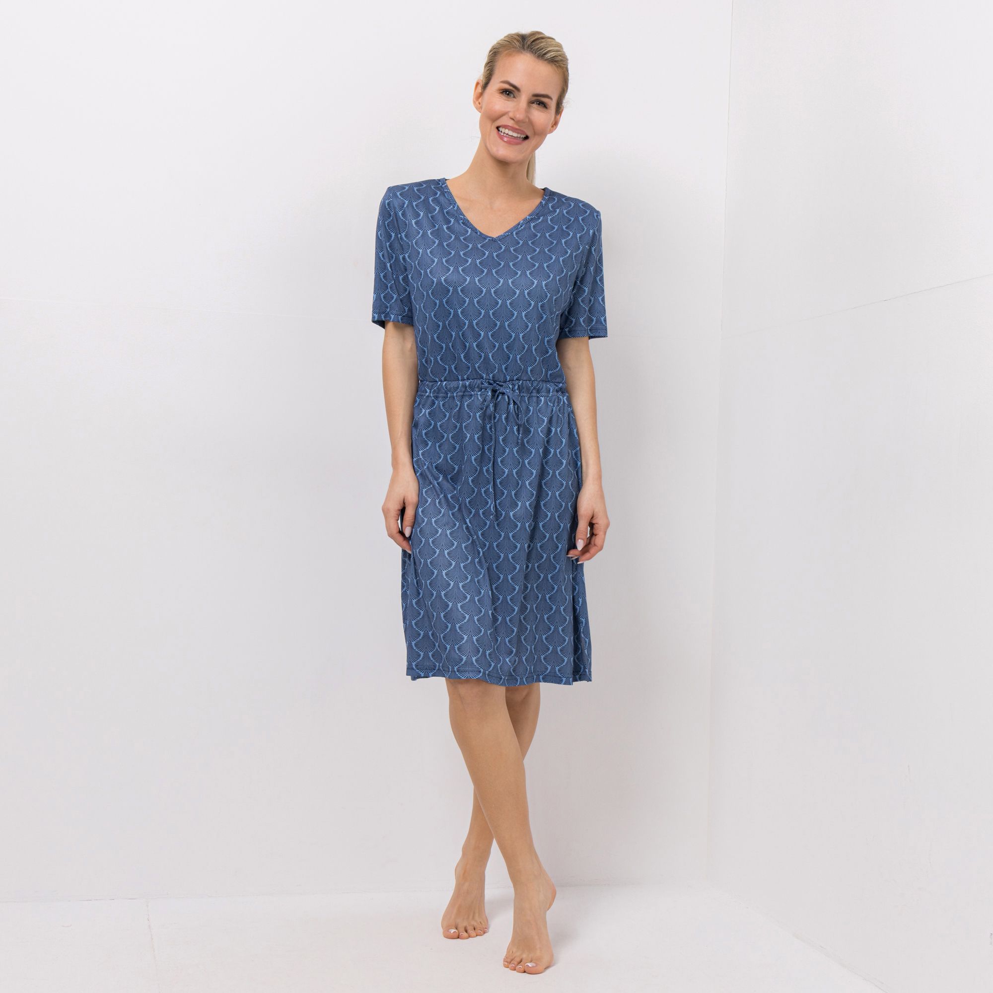 JERYMOOD HOMEWEAR Kleid, 1/2-Arm V-Ausschnitt Kordelzug in Taille leger weit