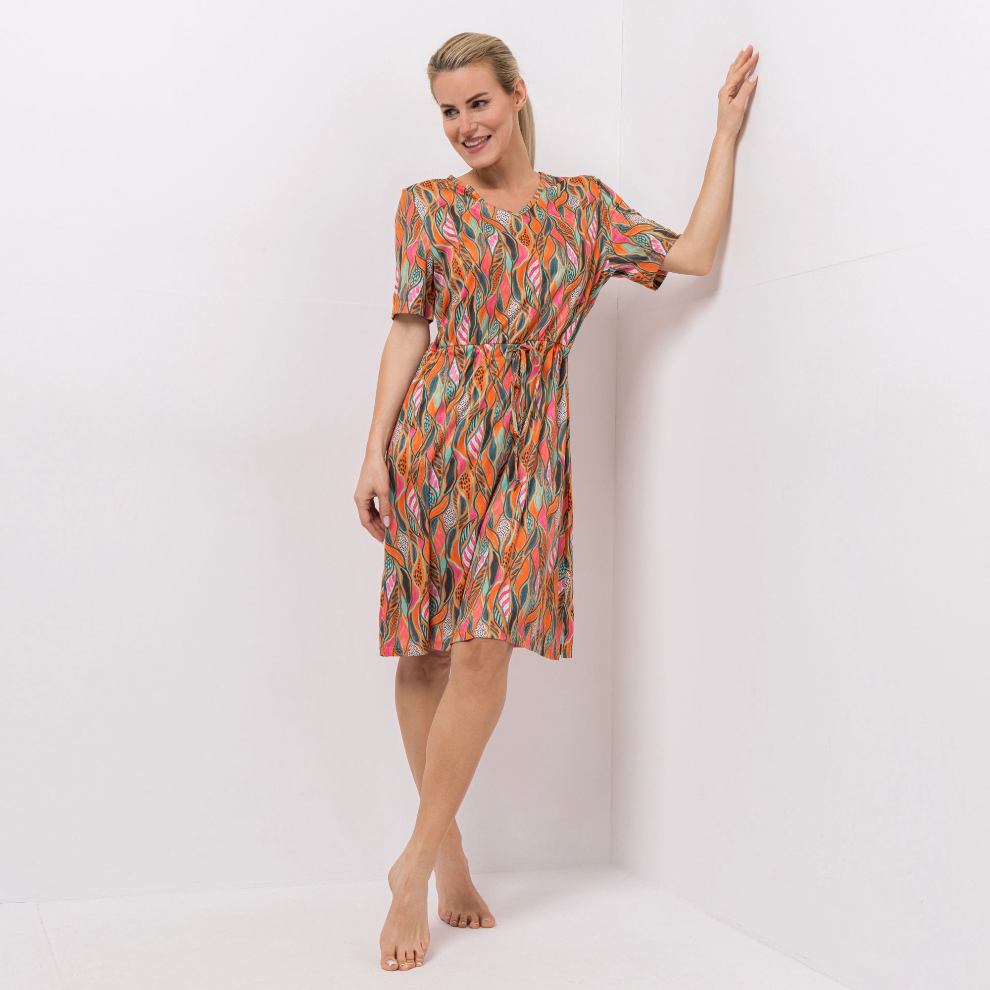 JERYMOOD HOMEWEAR Kleid, 1/2-Arm V-Ausschnitt Kordelzug in Taille leger weit