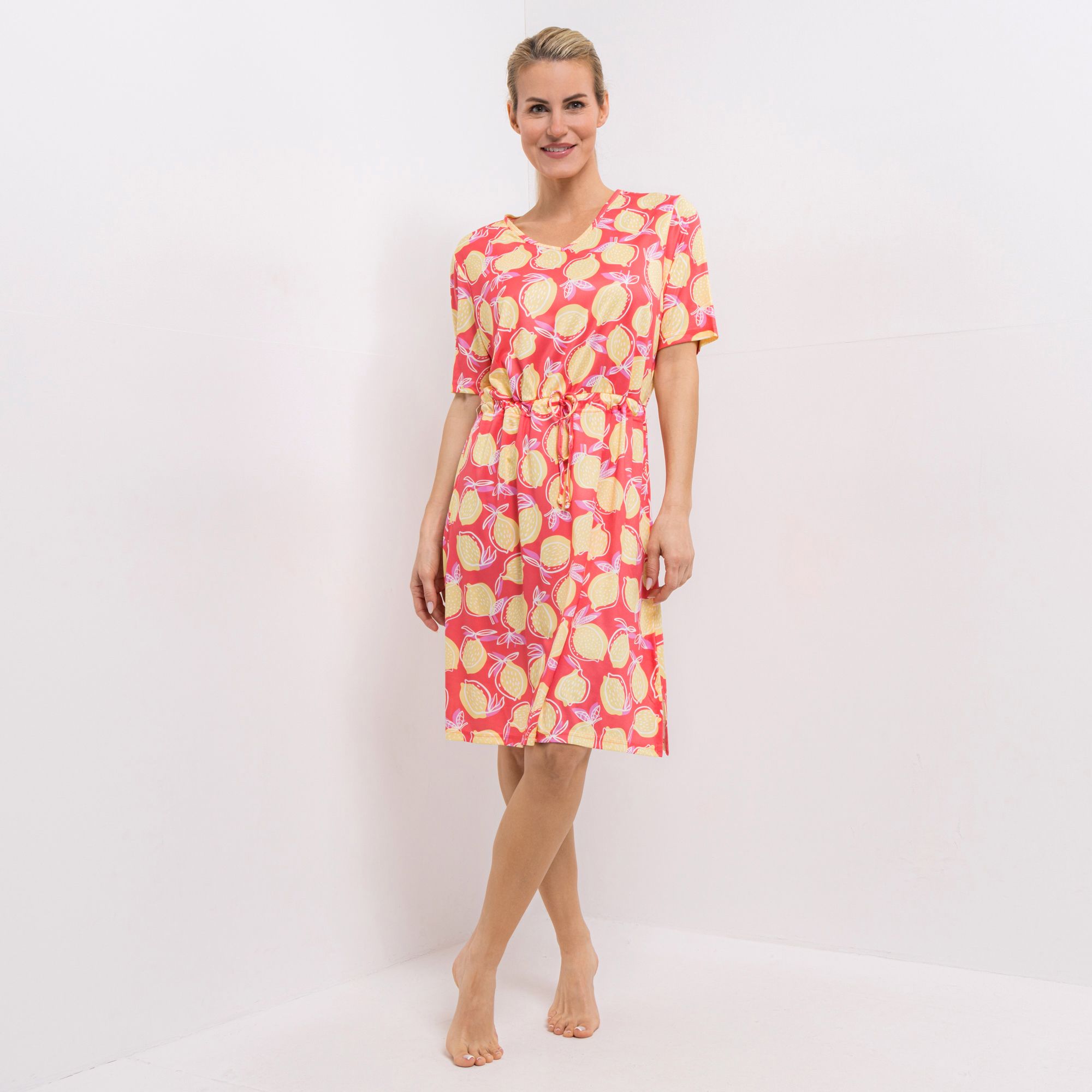 JERYMOOD HOMEWEAR Kleid, 1/2-Arm V-Ausschnitt Kordelzug in Taille leger weit