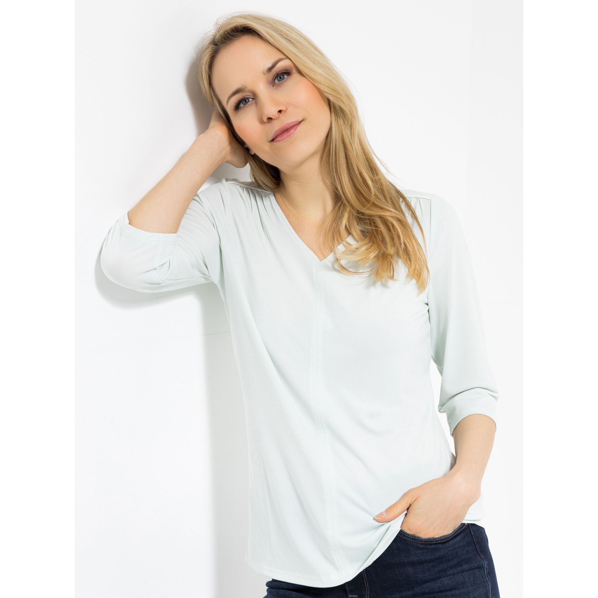 VIA MILANO Shirt, 3/4 Arm V-Ausschnitt Kontraststreifen figurumspielend