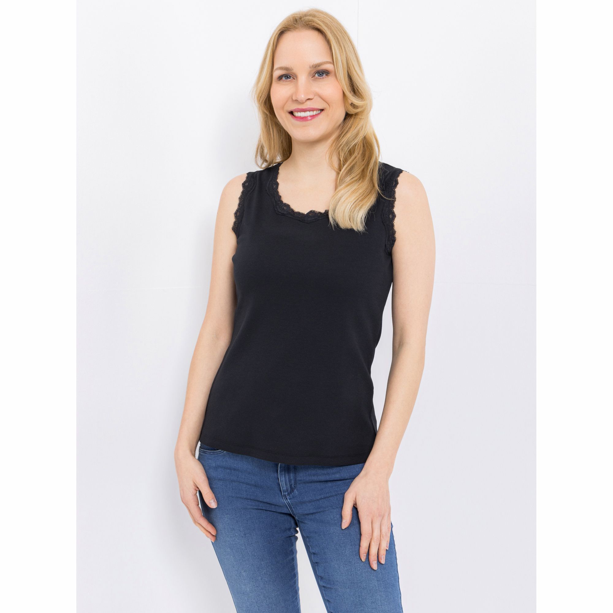 VIA MILANO Top Rundhalsausschnitt Spitzen-Detail figurbetont