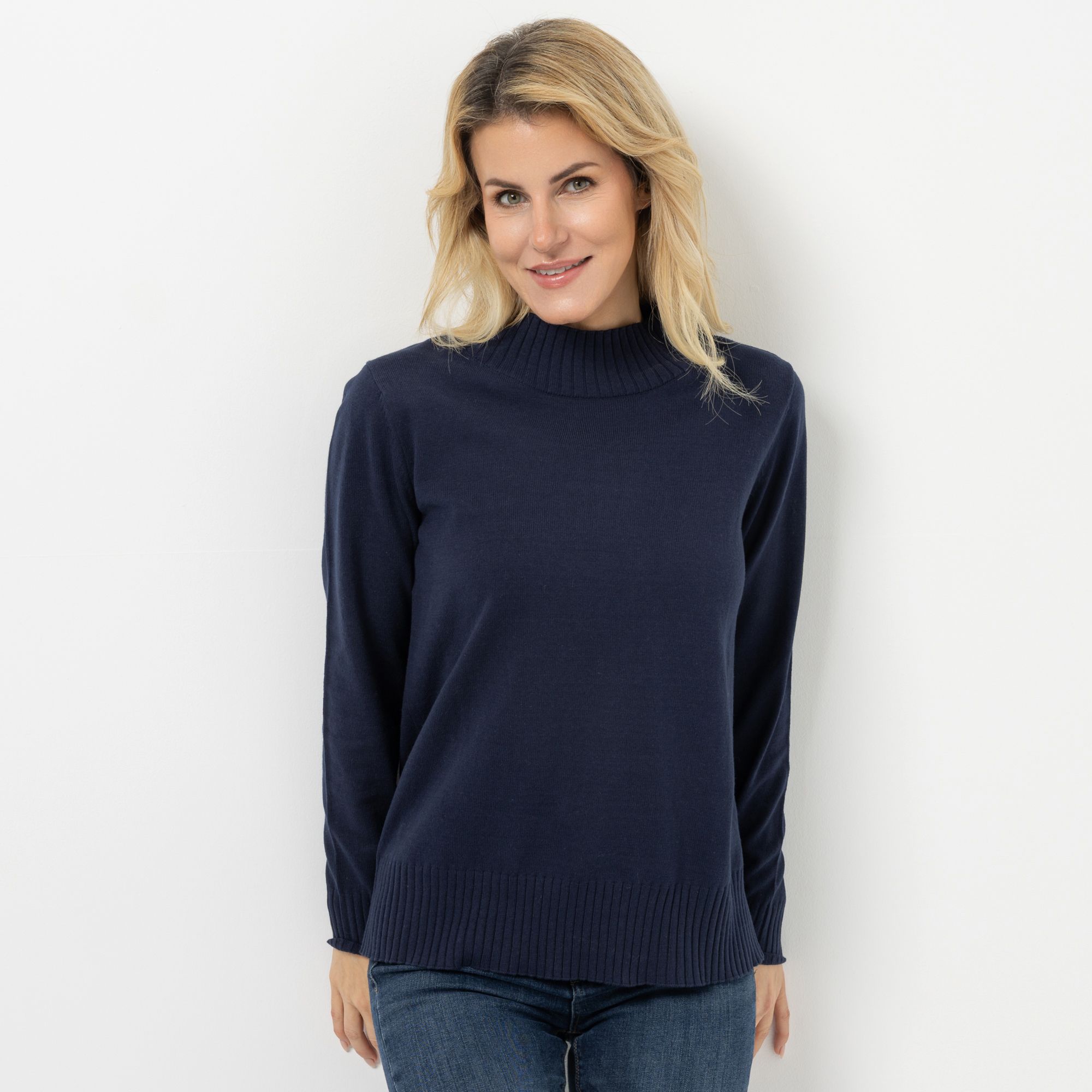 DENIM & CO. Pullover gerippter Stehkragen Rippenbundabschlüsse figurumspielend