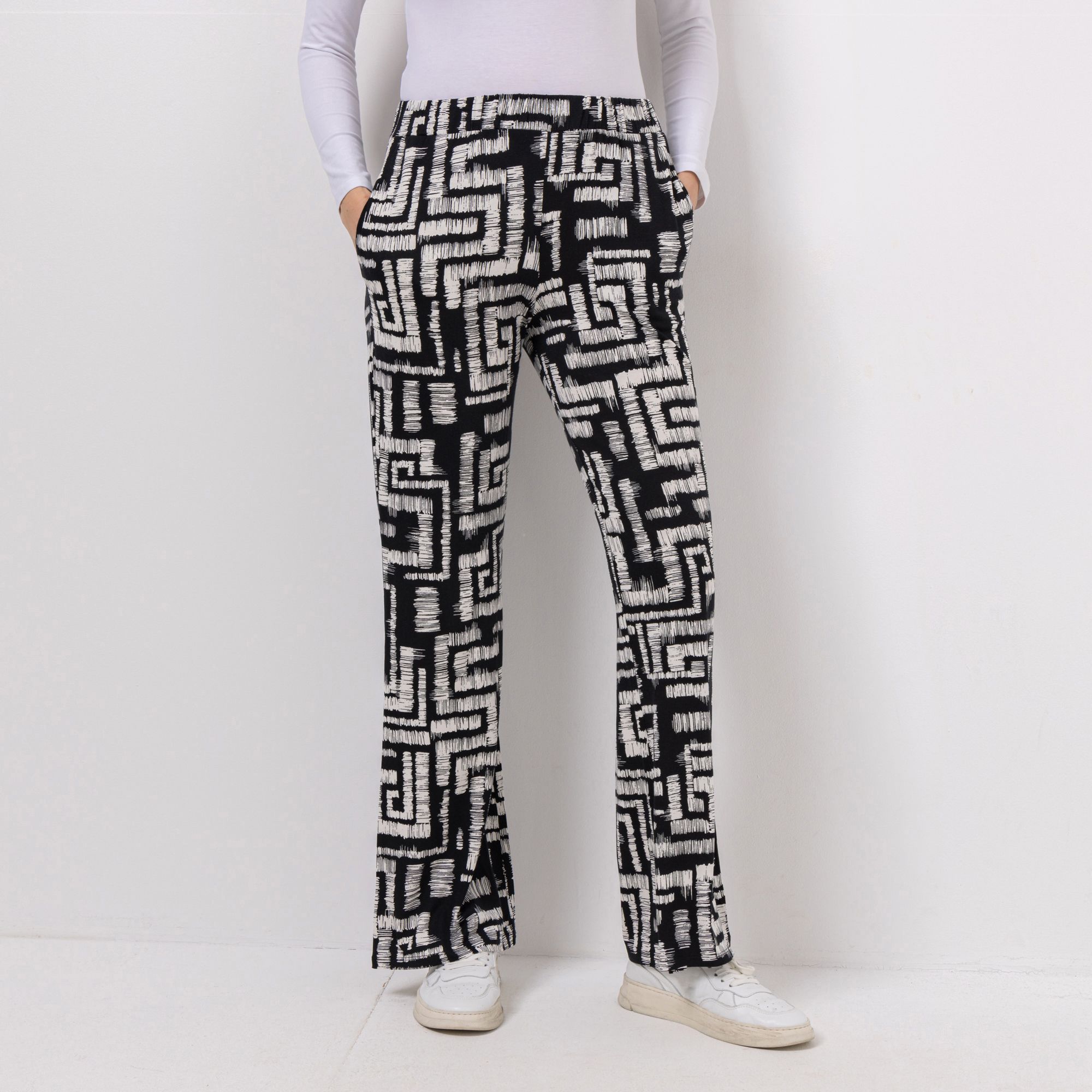 VIA MILANO Hose, lange Form Rundumdehnbund Allover-Print leicht ausgestellt