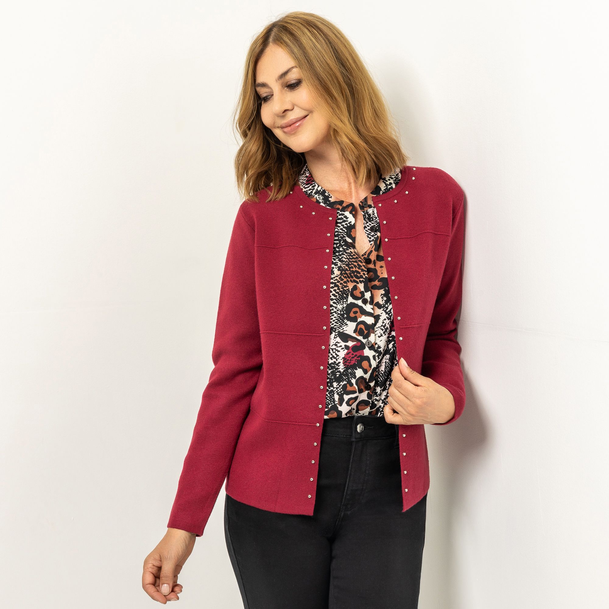 VIA MILANO Cardigan Rundhalsausschnitt offene Front mit Hakenverschluss