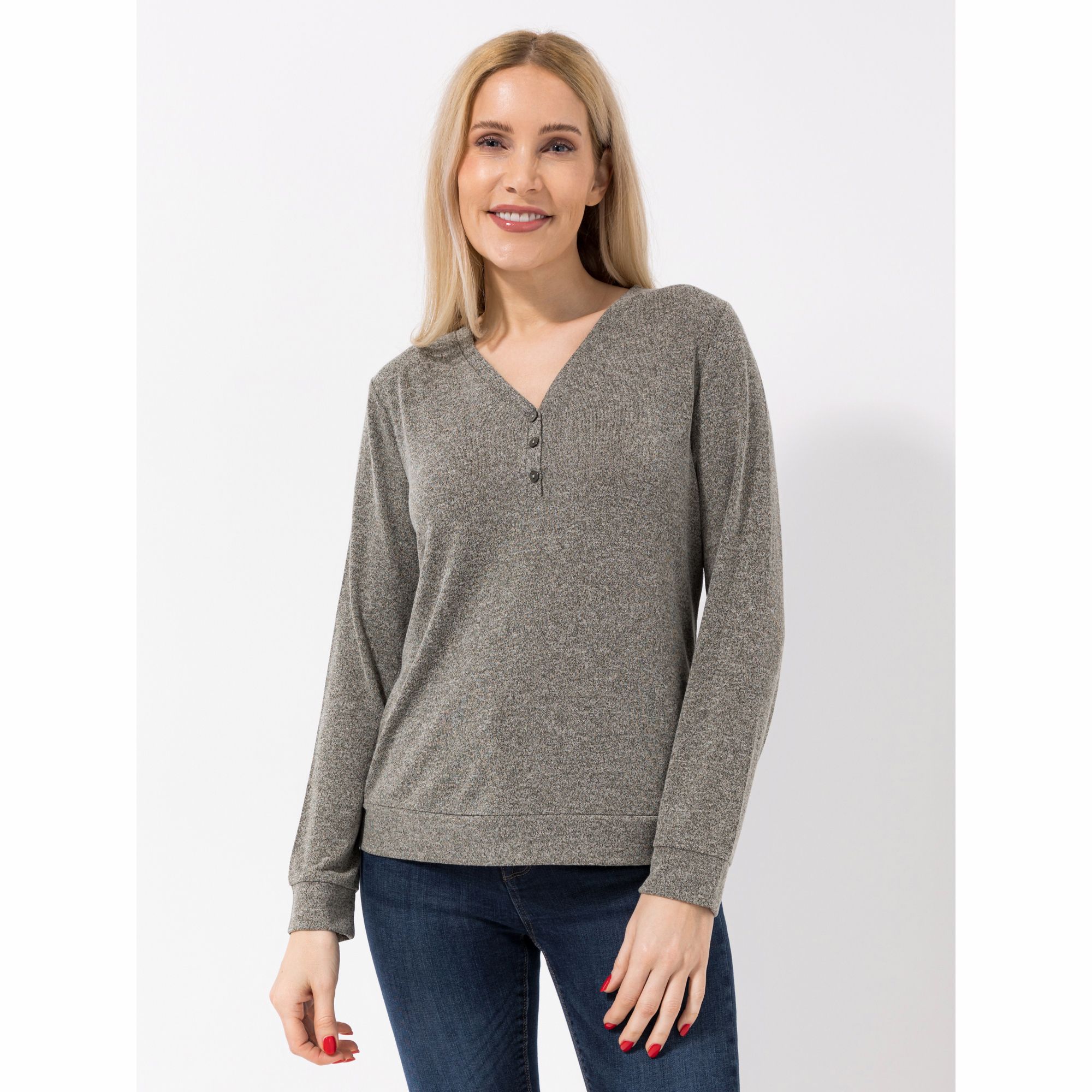 DENIM & CO. Shirt, 1/1-Arm V-Ausschnitt Knöpfe figurumspielend