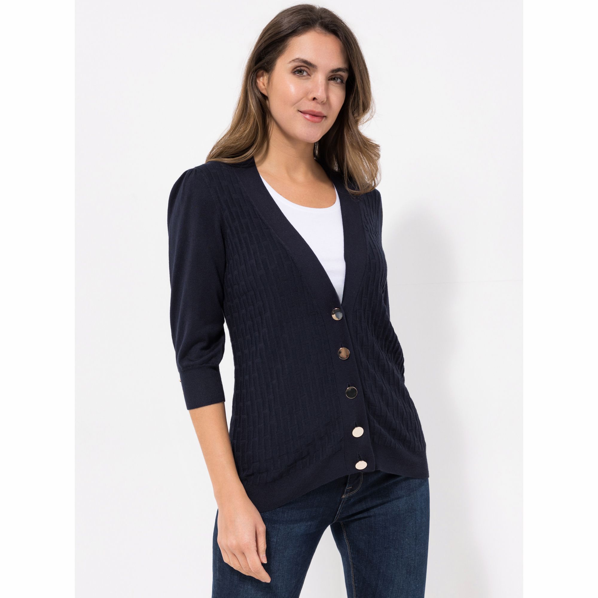 VIA MILANO Cardigan, 3/4-Arm Knopfleiste Rippbund-Abschlüsse figurumspielend