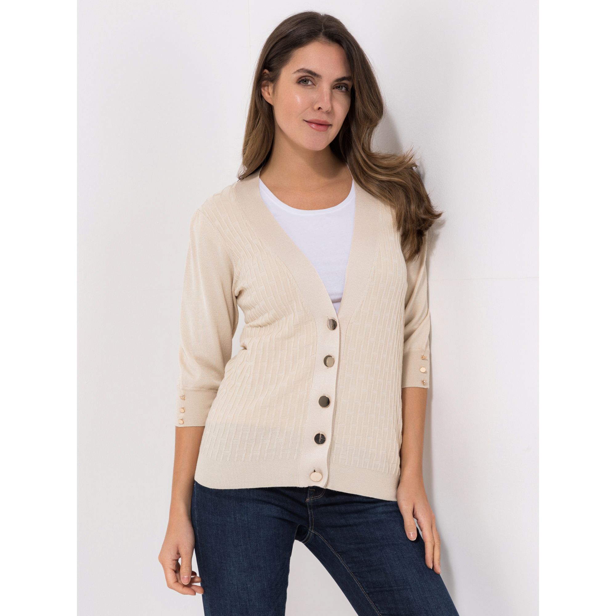 VIA MILANO Cardigan, 3/4-Arm Knopfleiste Rippbund-Abschlüsse figurumspielend