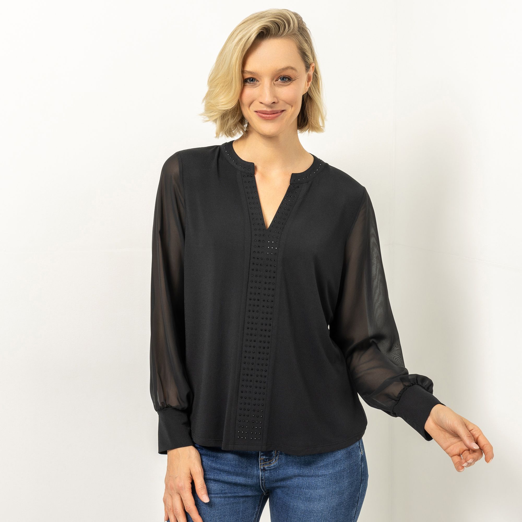 VIA MILANO Shirt, Langarm Rundhalsausschnitt Ärmel aus Chiffon Deko Steinchen