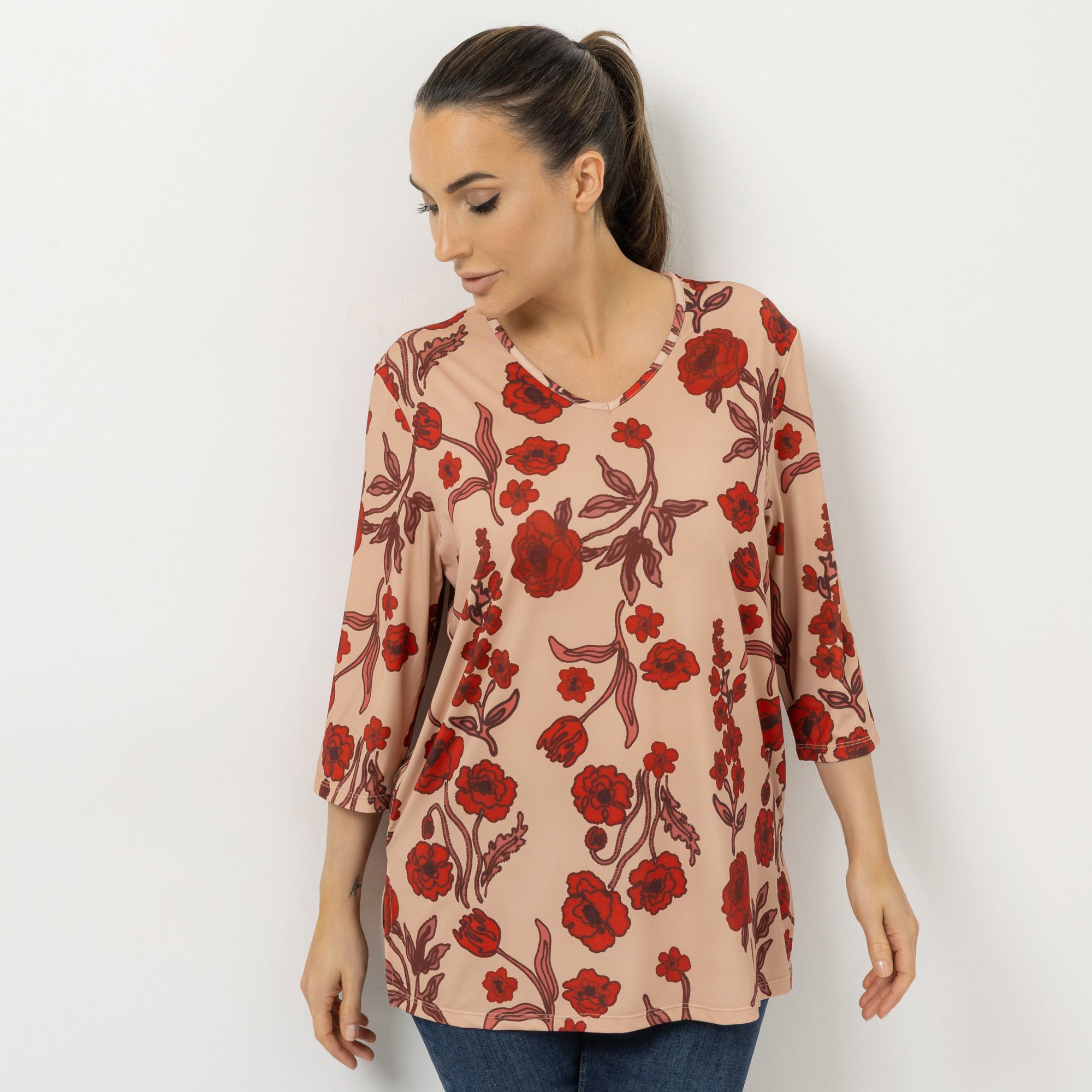 IN-PRINT Shirt, 3/4-Arm V-Ausschnitt Seitenschlitze