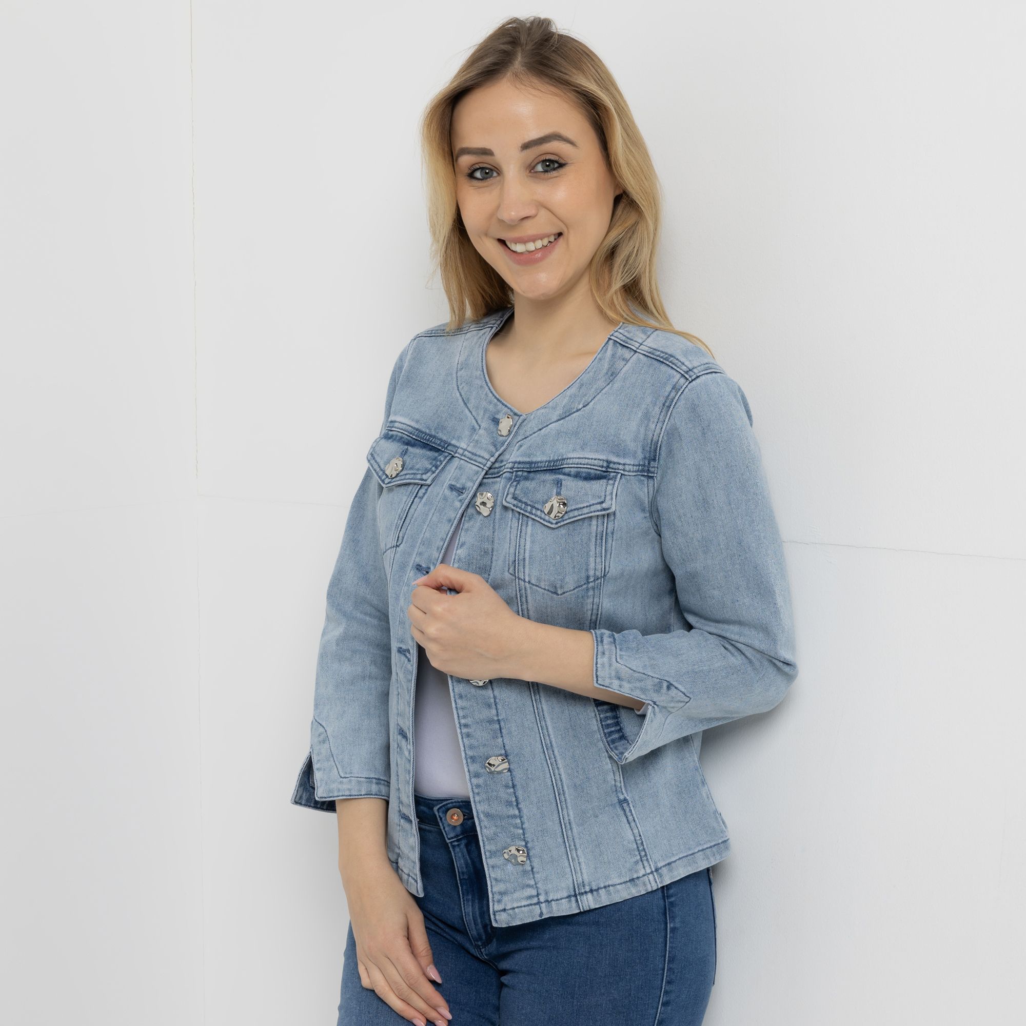 VIA MILANO Jeansjacke 3/4-Arm Knopfleiste Ärmelschlitze