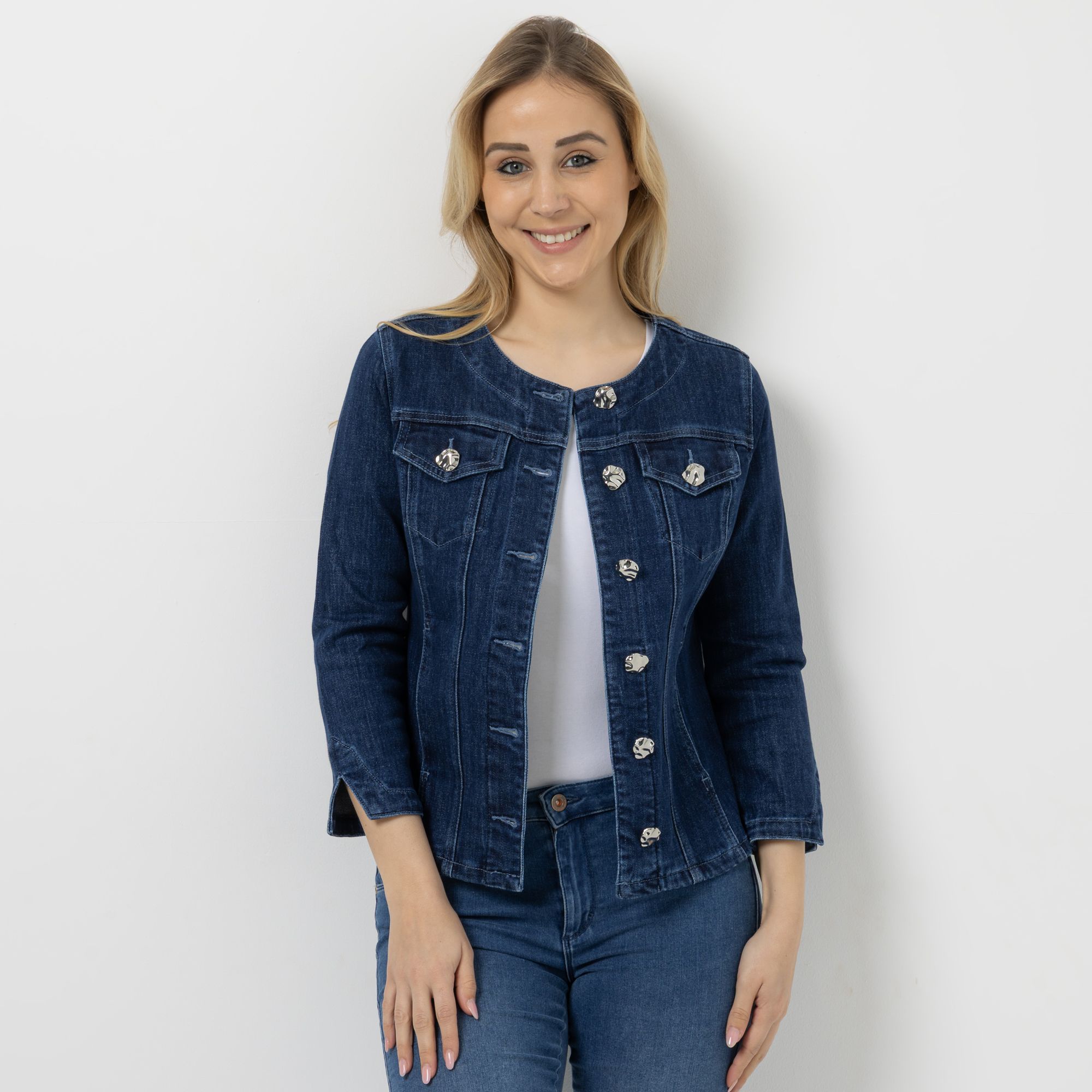 VIA MILANO Jeansjacke 3/4-Arm Knopfleiste Ärmelschlitze