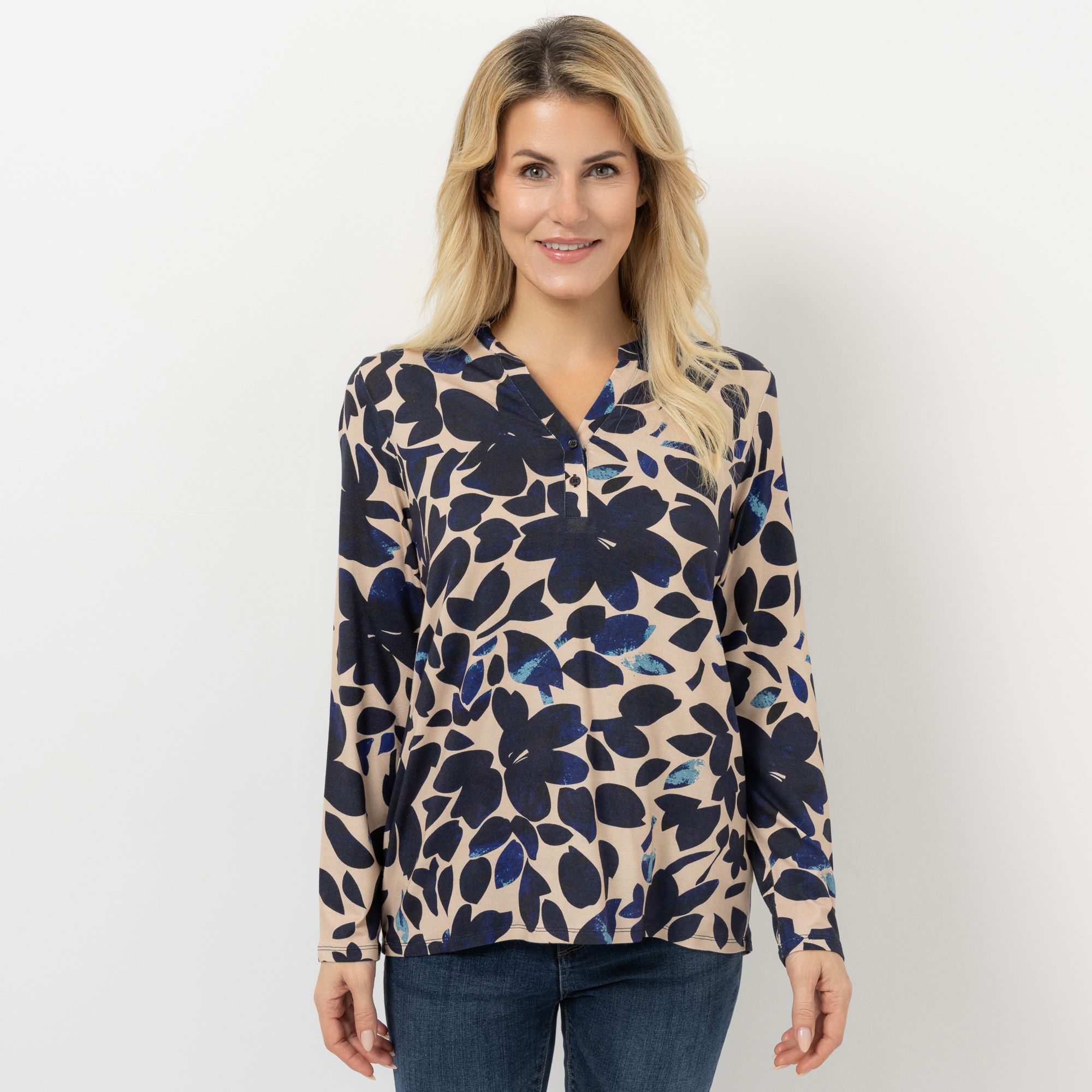 DENIM & CO. Jerseybluse, 1/1-Arm Serafinoausschnitt Knopfleiste figurumspielend
