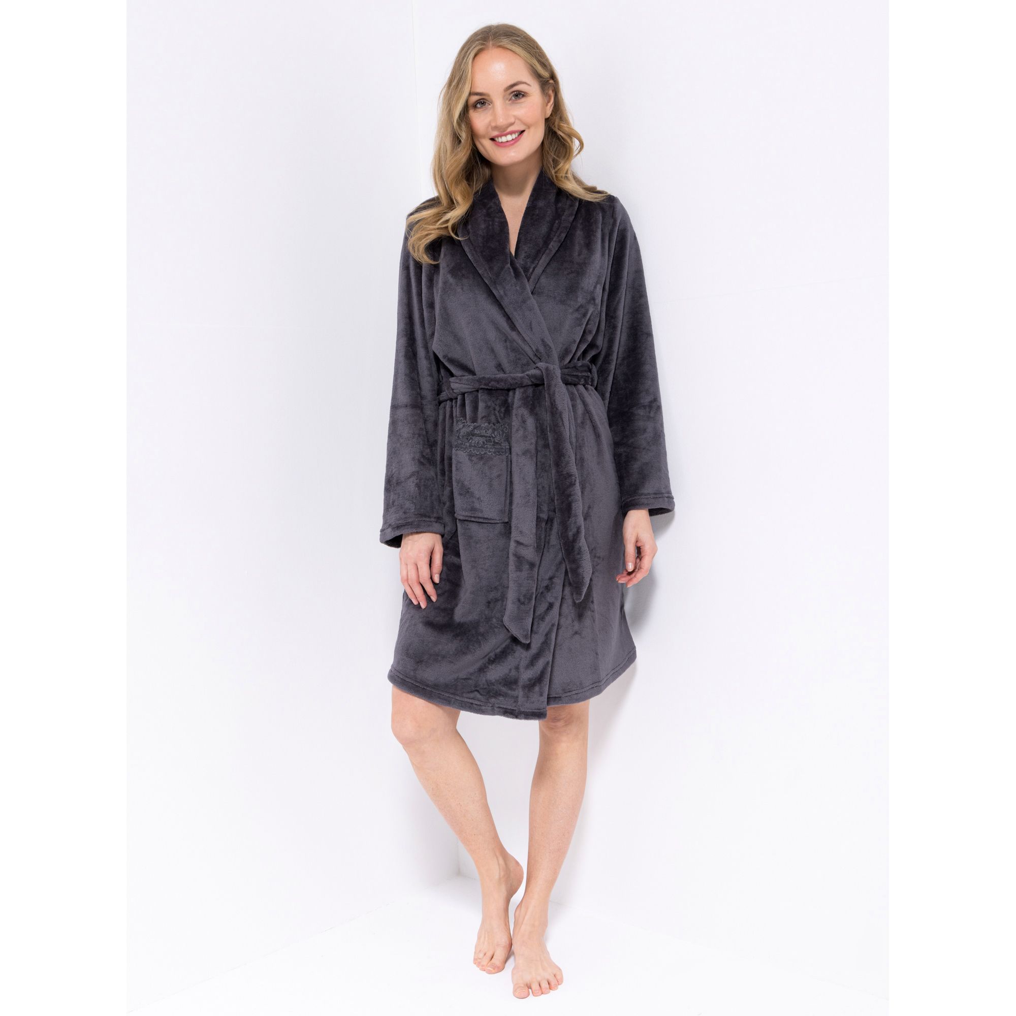 LITTLE ROSE Morgenmantel Mikrofaser Plüsch 1 Tasche mit Spitze Bindegürtel