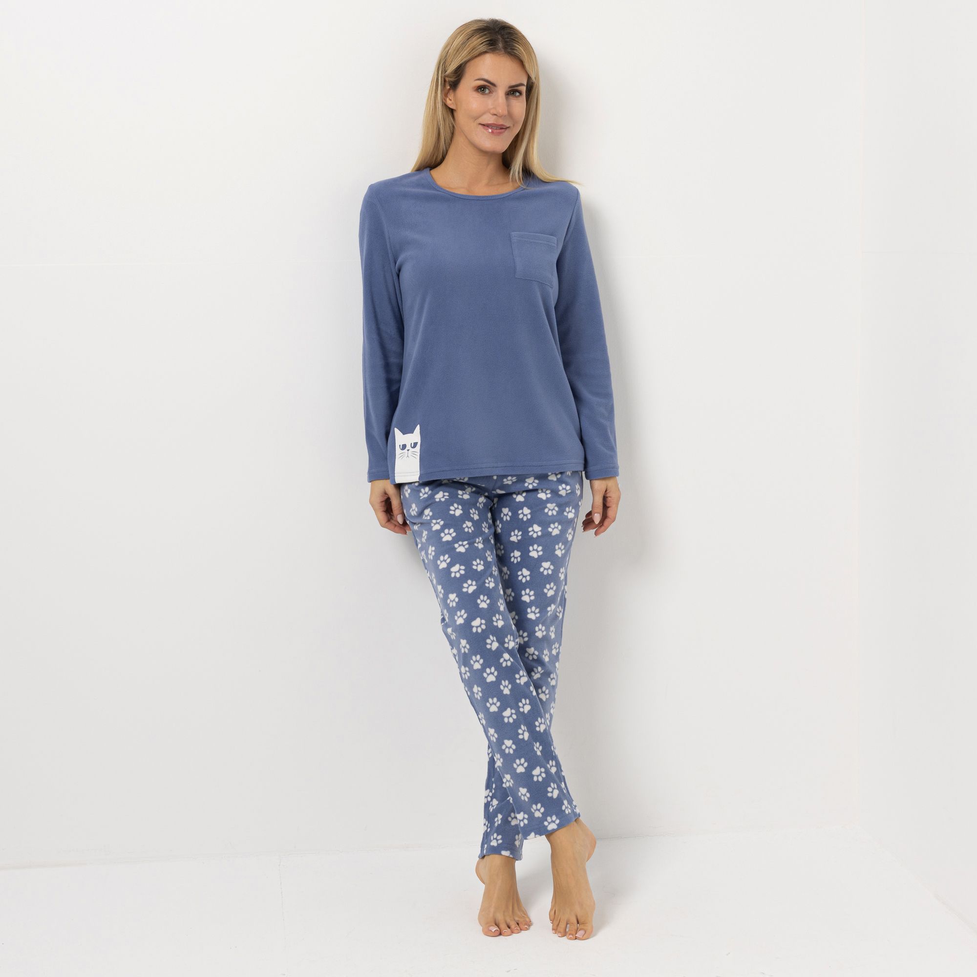 POLARSTERN Pyjama-Set Mikrofaser Fleece uni Oberteil bedruckte Hose