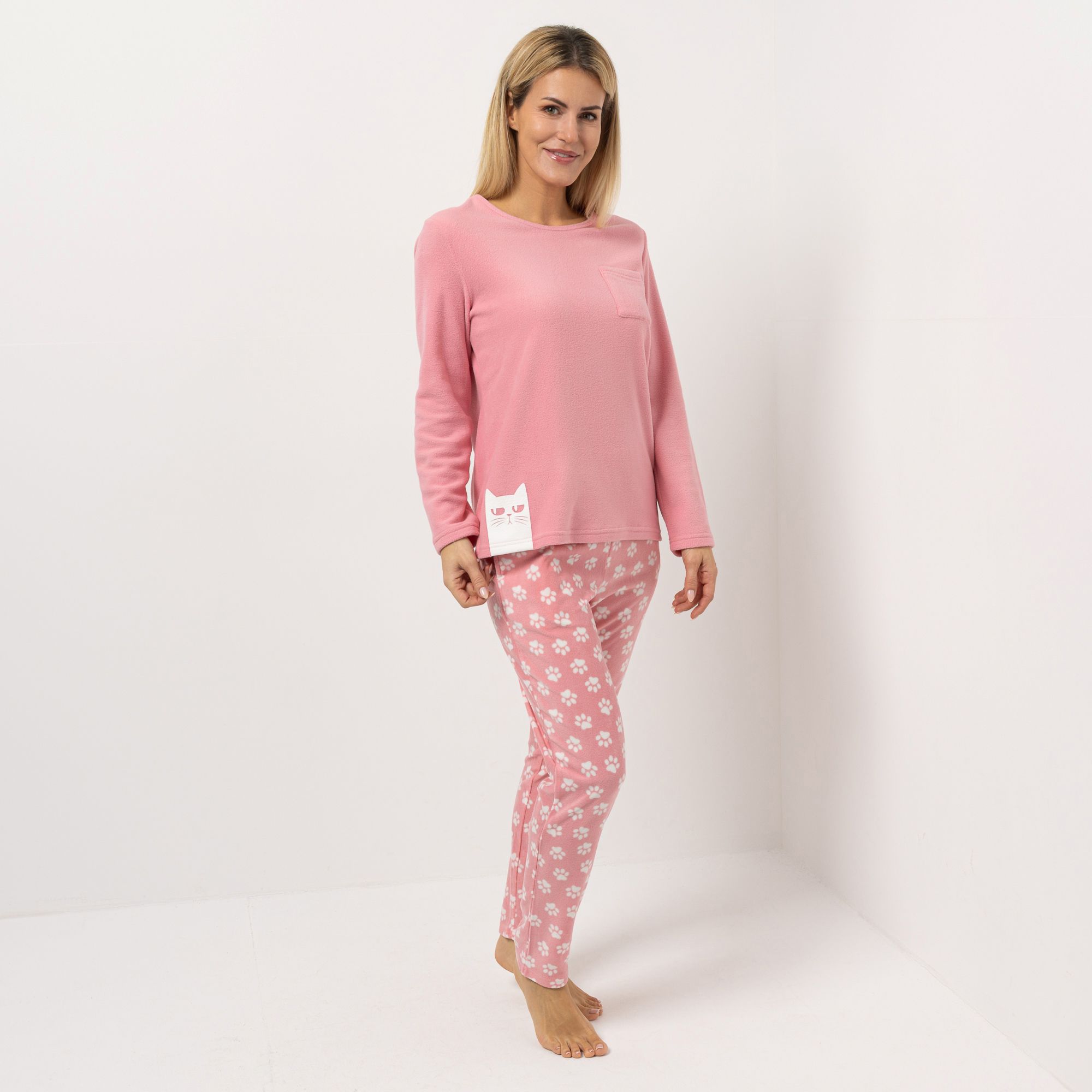 POLARSTERN Pyjama-Set Mikrofaser Fleece uni Oberteil bedruckte Hose