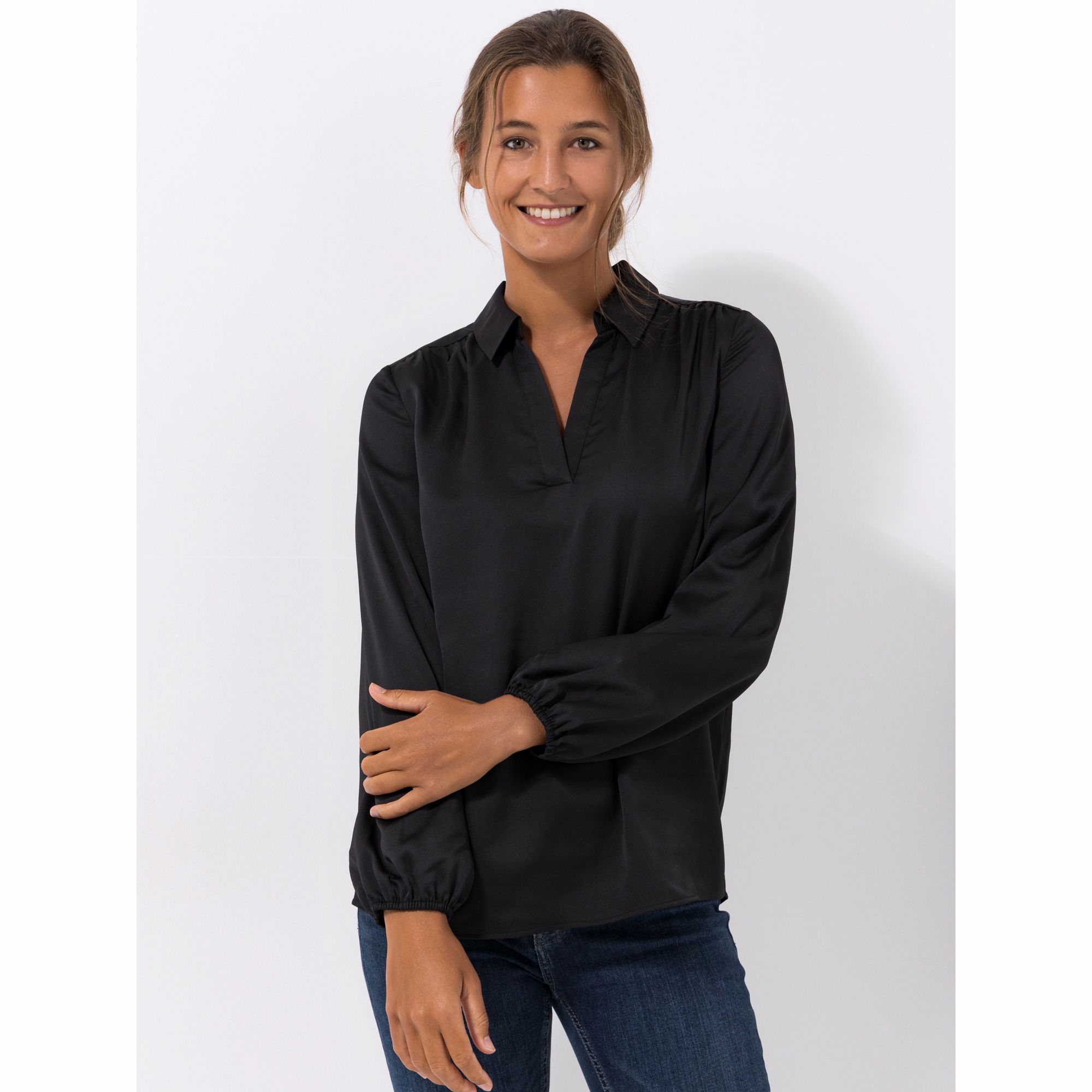 VIA MILANO Bluse, 1/1-Länge Kragen Raffung figurumspielend