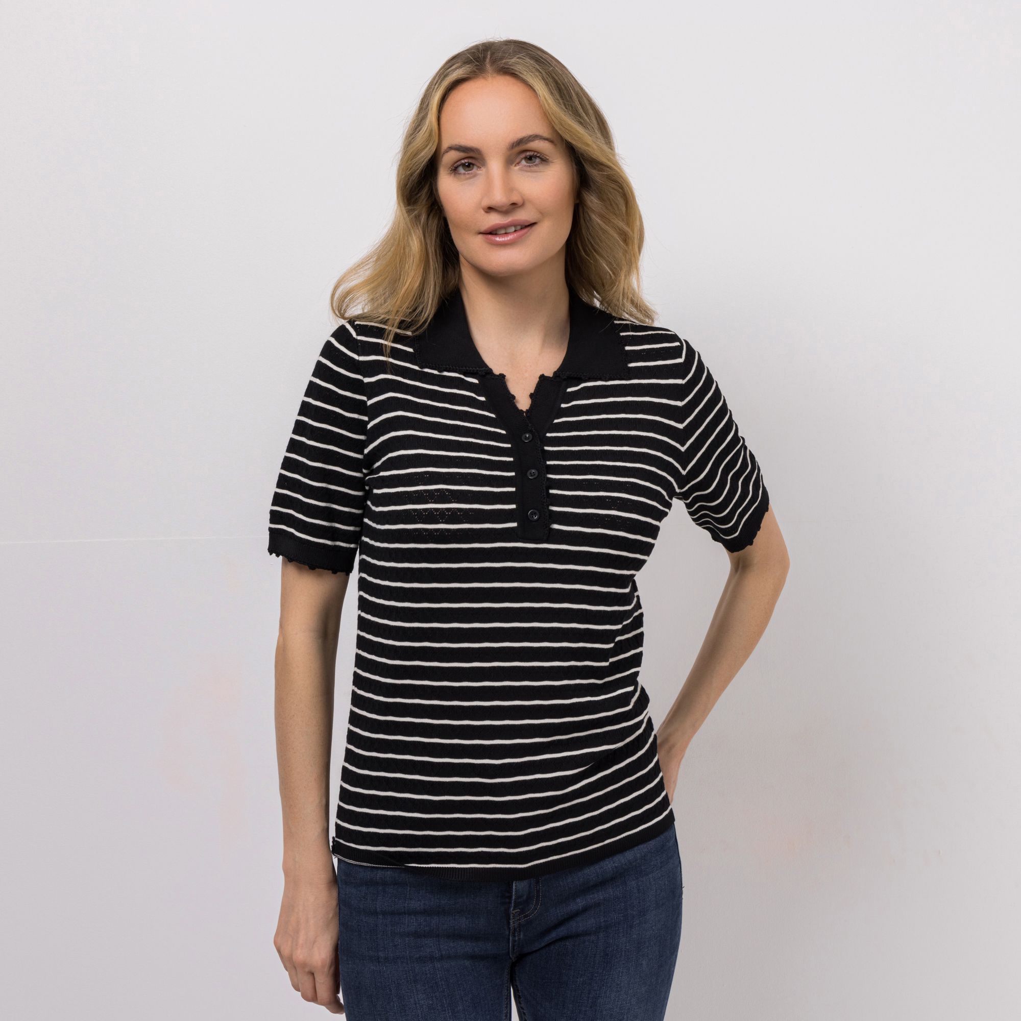 VIA MILANO Pullover, 1/2-Arm Polo-Kragen gestreift figurumspielend