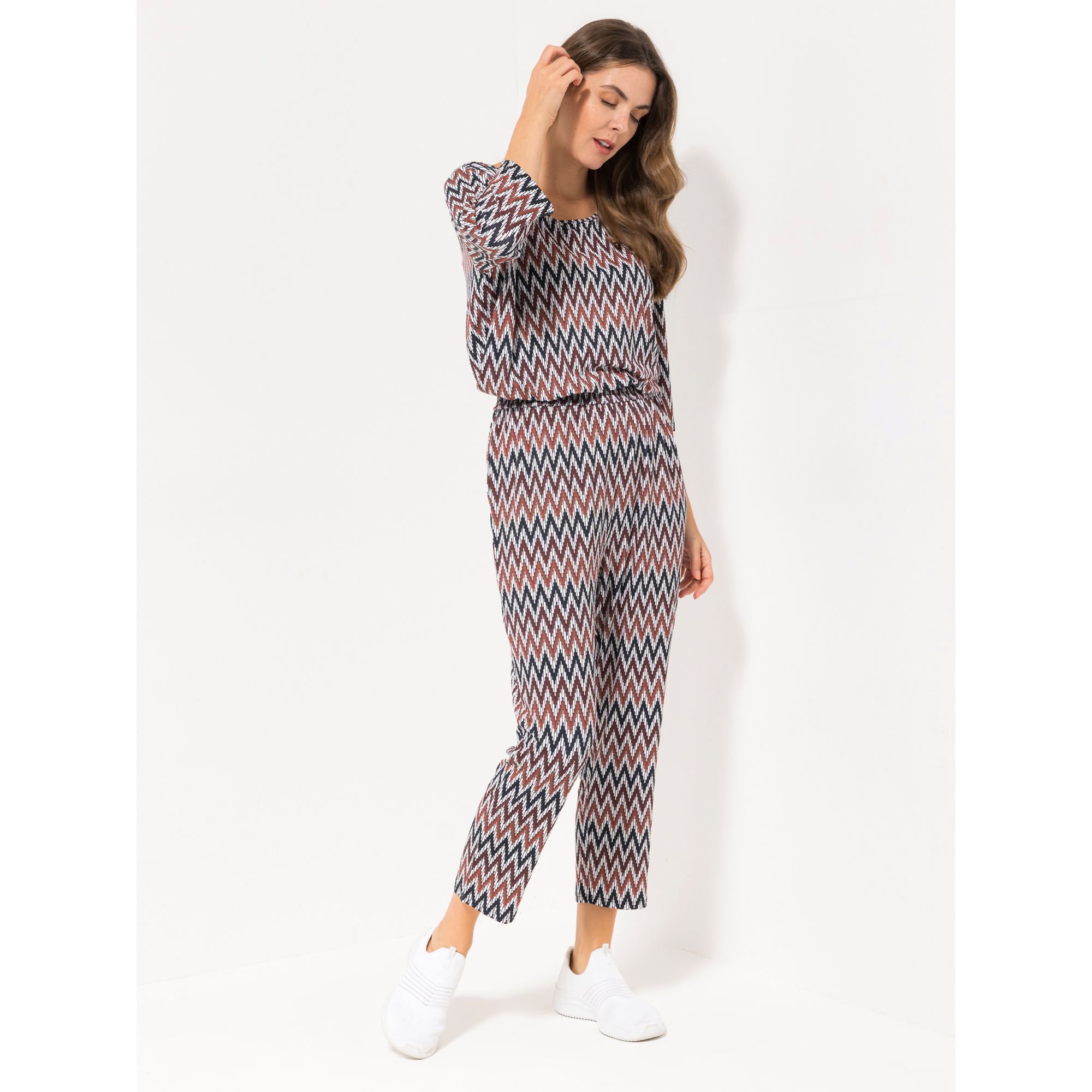 IN-PRINT Jumpsuit, 3/4-Arm Rundhalsausschnit grafischer Druck figurumspielend