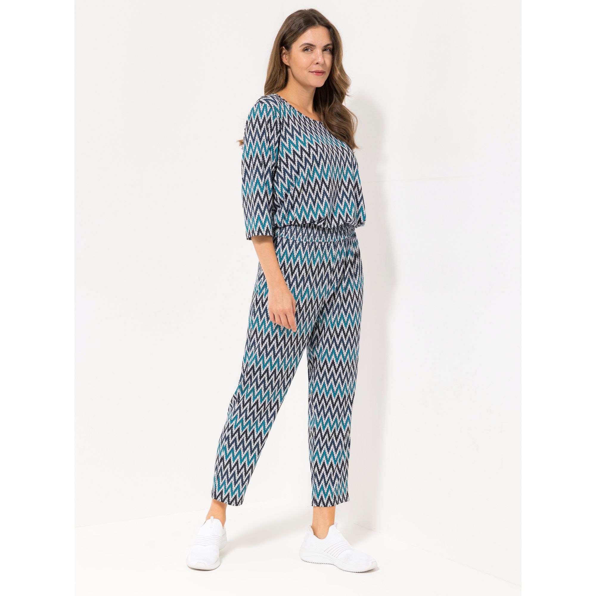 IN-PRINT Jumpsuit, 3/4-Arm Rundhalsausschnit grafischer Druck figurumspielend