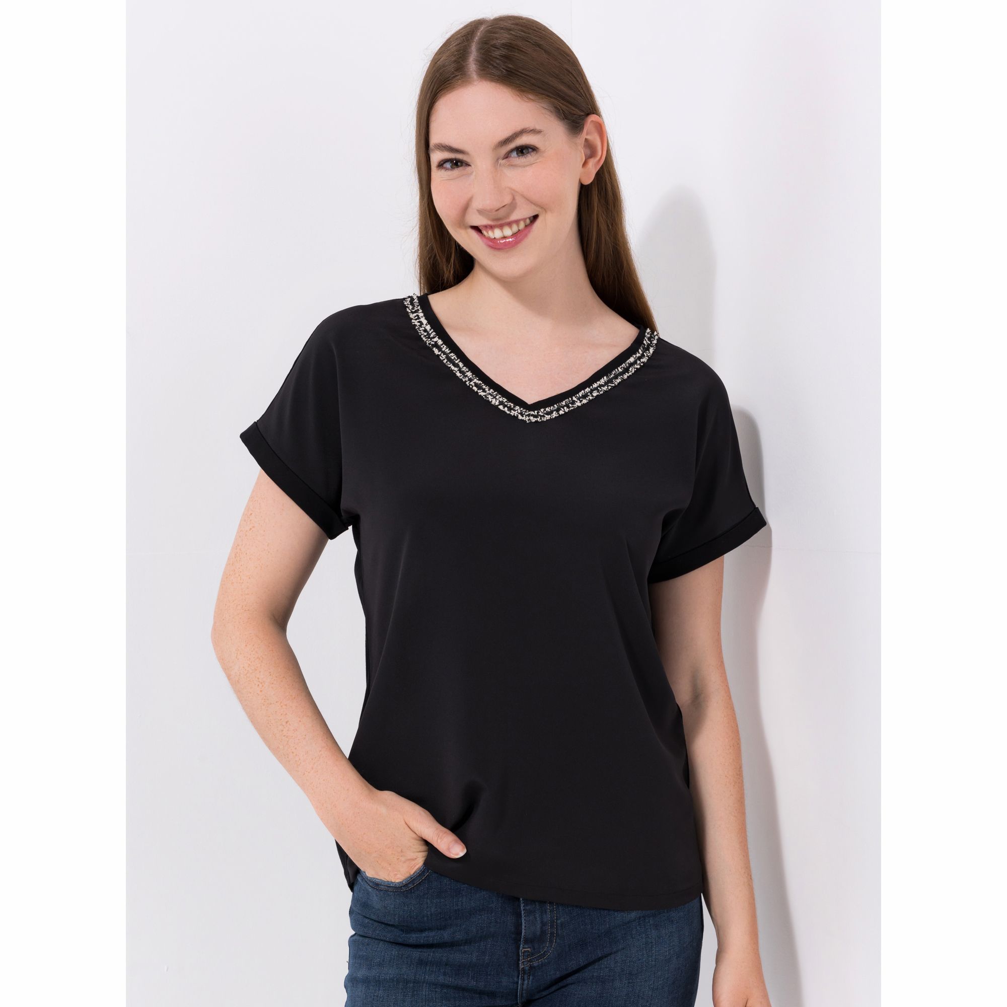 VIA MILANO Shirt, 1/2-Arm V-Ausschnitt Kontrastdetail figurumspielend