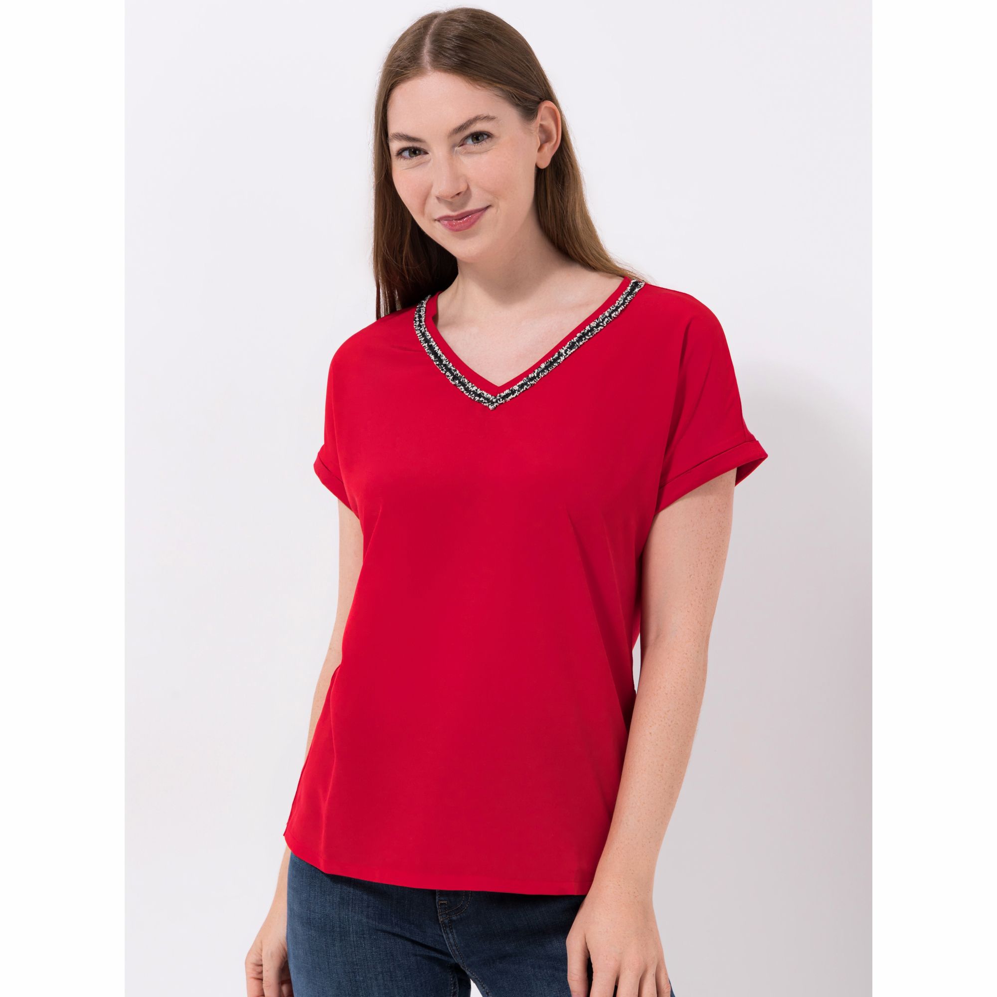 VIA MILANO Shirt, 1/2-Arm V-Ausschnitt Kontrastdetail figurumspielend