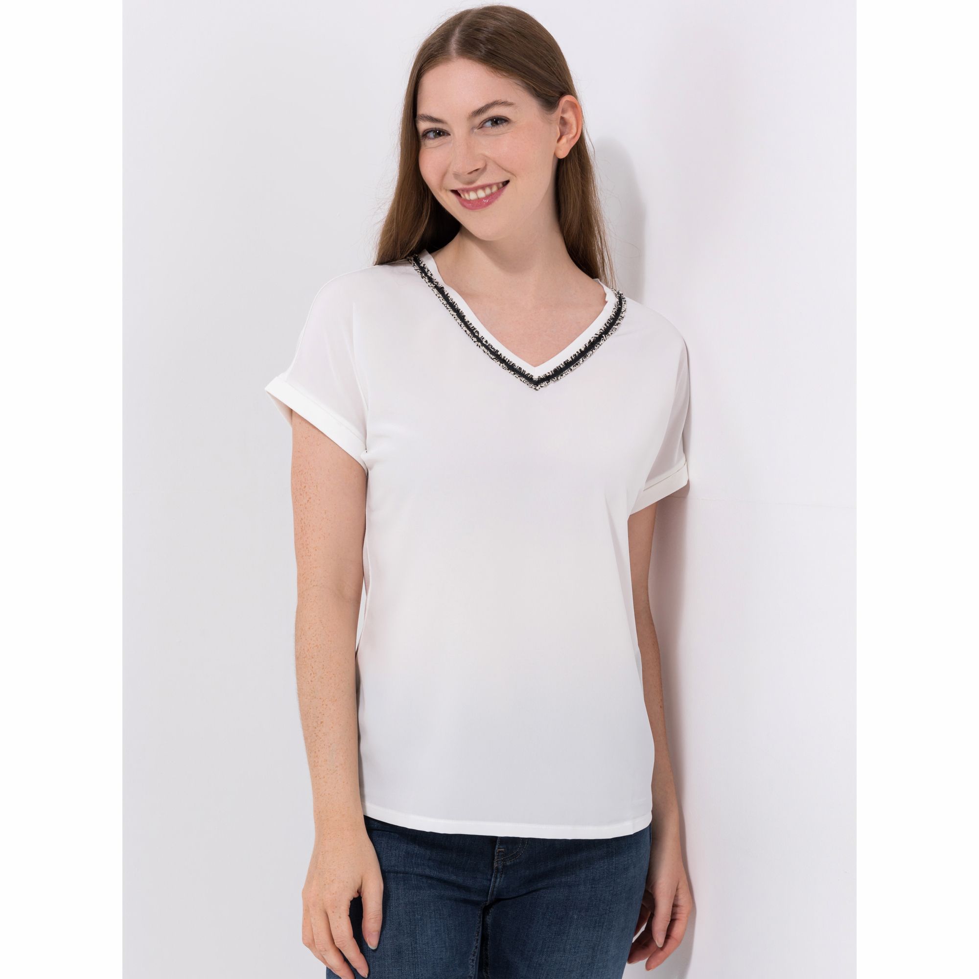 VIA MILANO Shirt, 1/2-Arm V-Ausschnitt Kontrastdetail figurumspielend