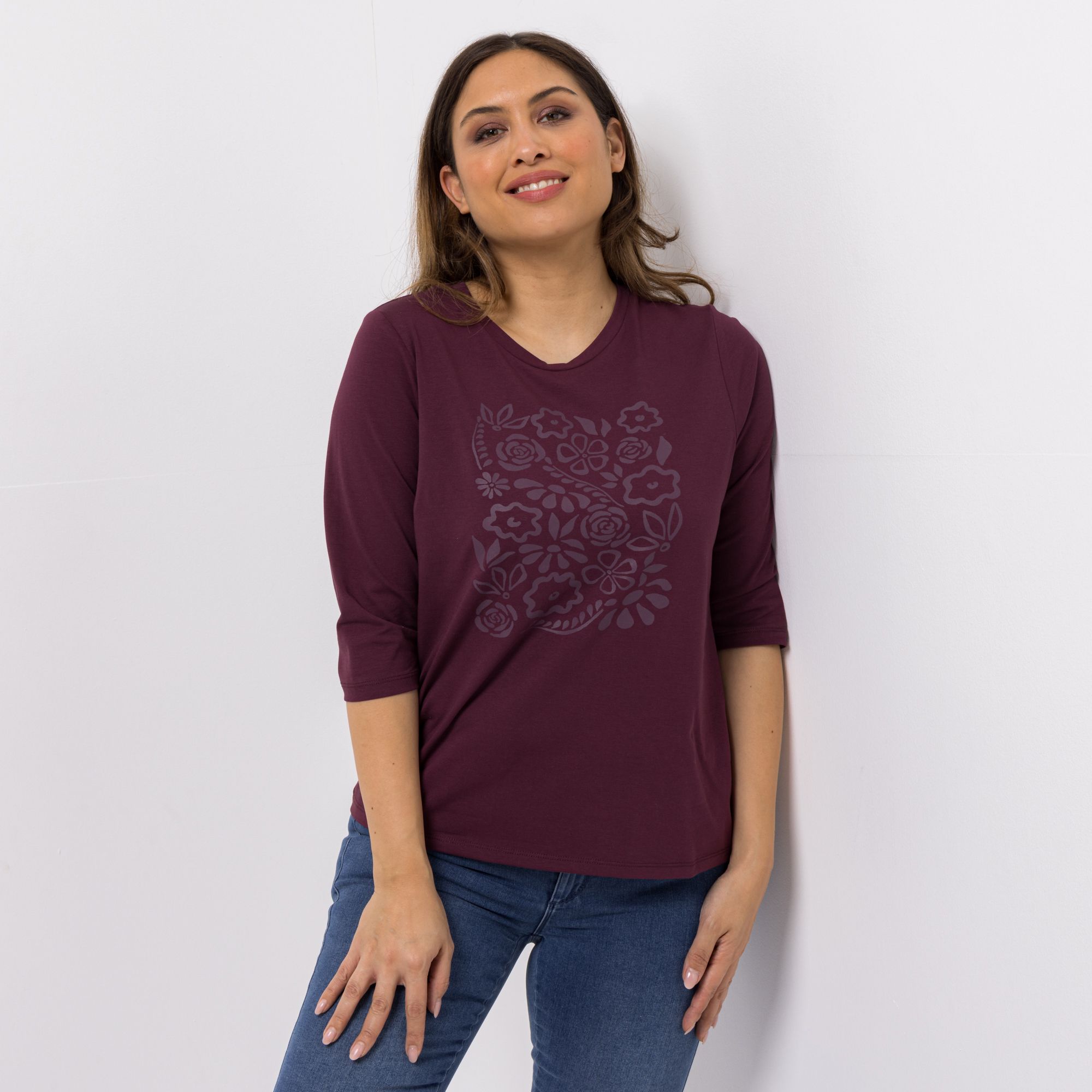 DENIM & CO. Shirt, 3/4-Arm Rundhalsausschnitt platzierter Druck figurumspielend