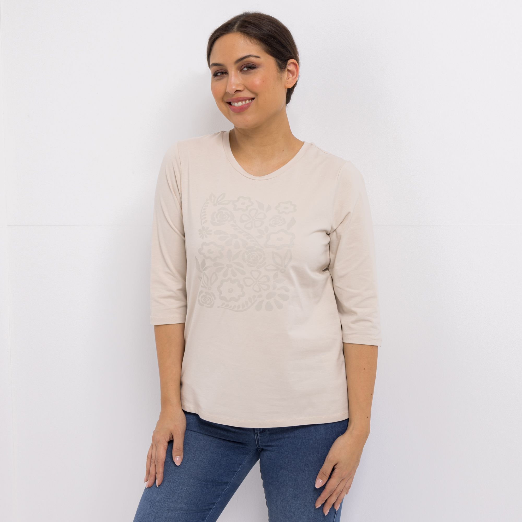 DENIM & CO. Shirt, 3/4-Arm Rundhalsausschnitt platzierter Druck figurumspielend