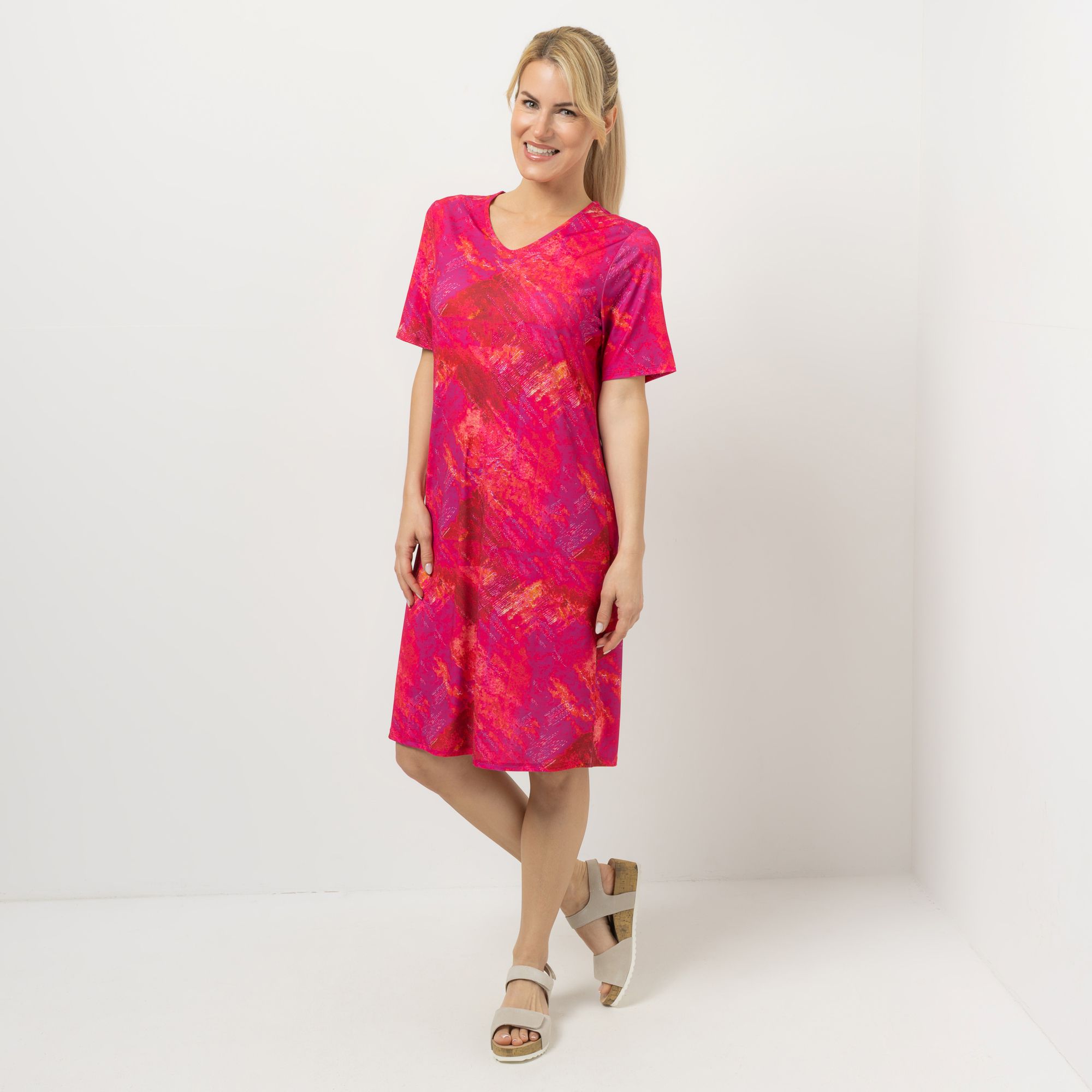 IN-PRINT Kleid, 1/2-Arm V-Ausschnitt Allover Druck