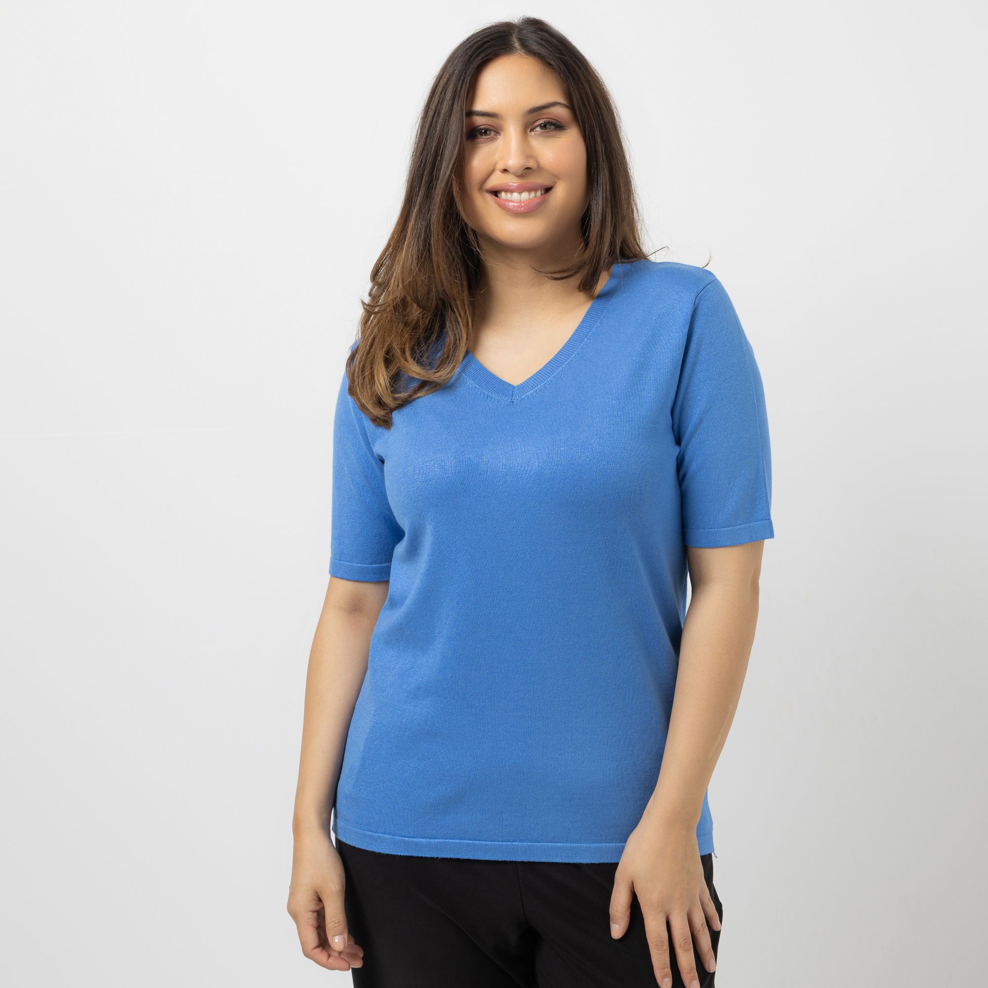 VIA MILANO Pullover, 1/2-Arm V-Ausschnitt figurumspielend uni