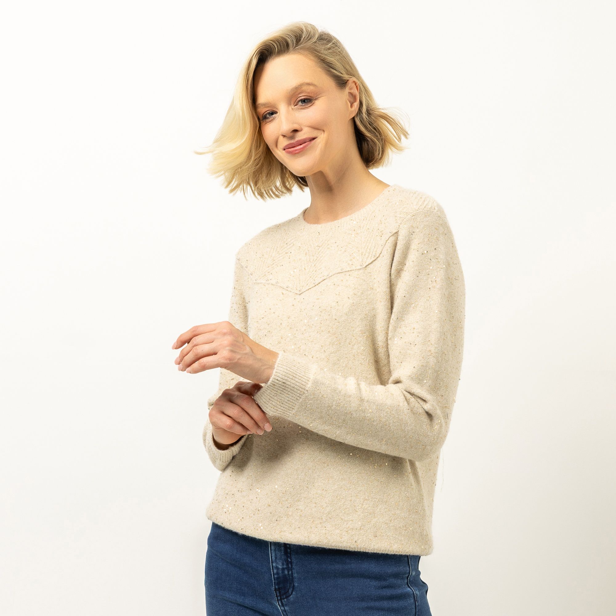 VIA MILANO Pullover Rundhalsausschnitt Pailietten-Details figurumspielend