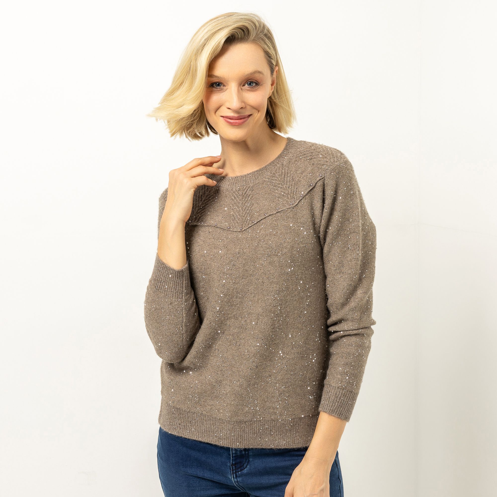 VIA MILANO Pullover Rundhalsausschnitt Pailietten-Details figurumspielend