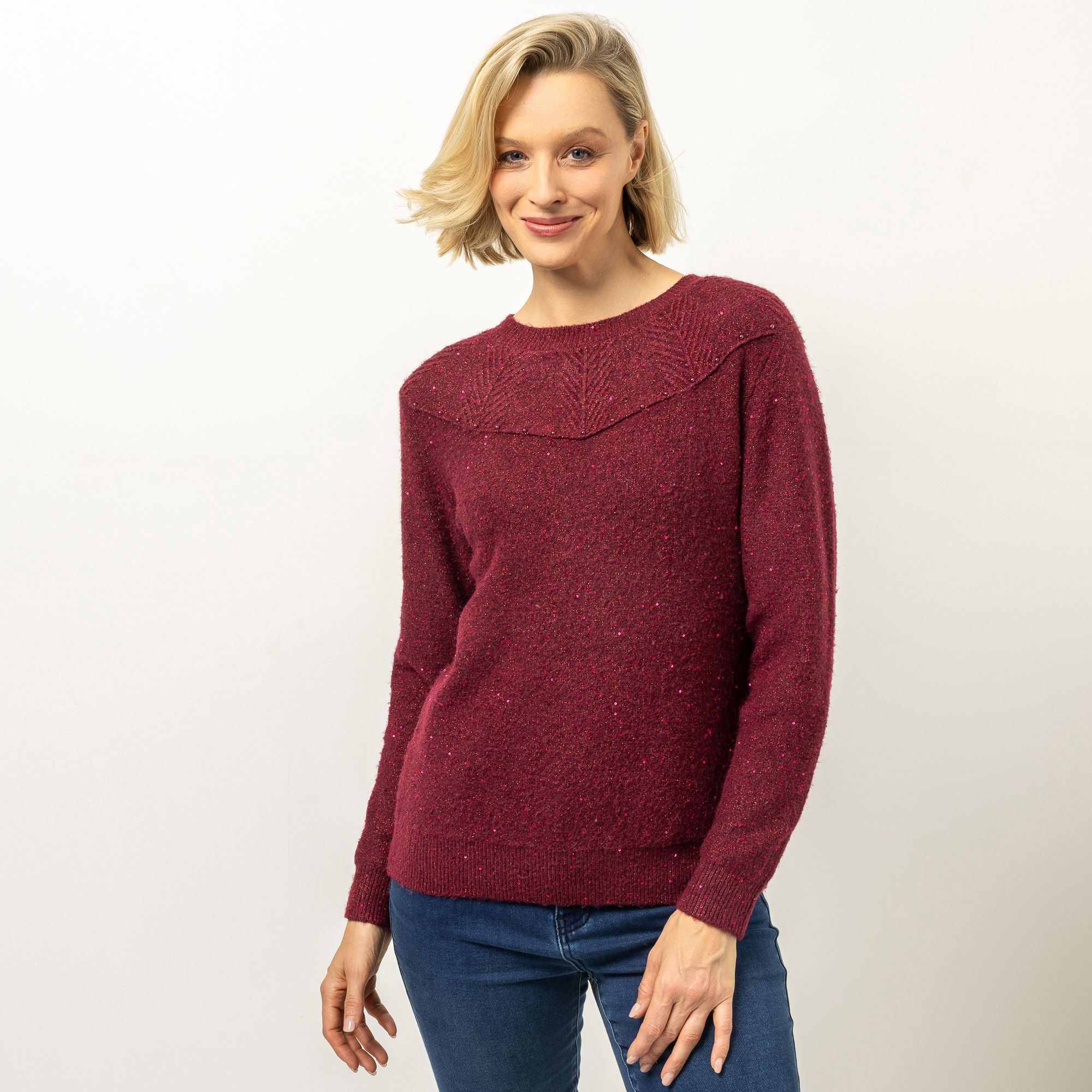 VIA MILANO Pullover Rundhalsausschnitt Pailietten-Details figurumspielend