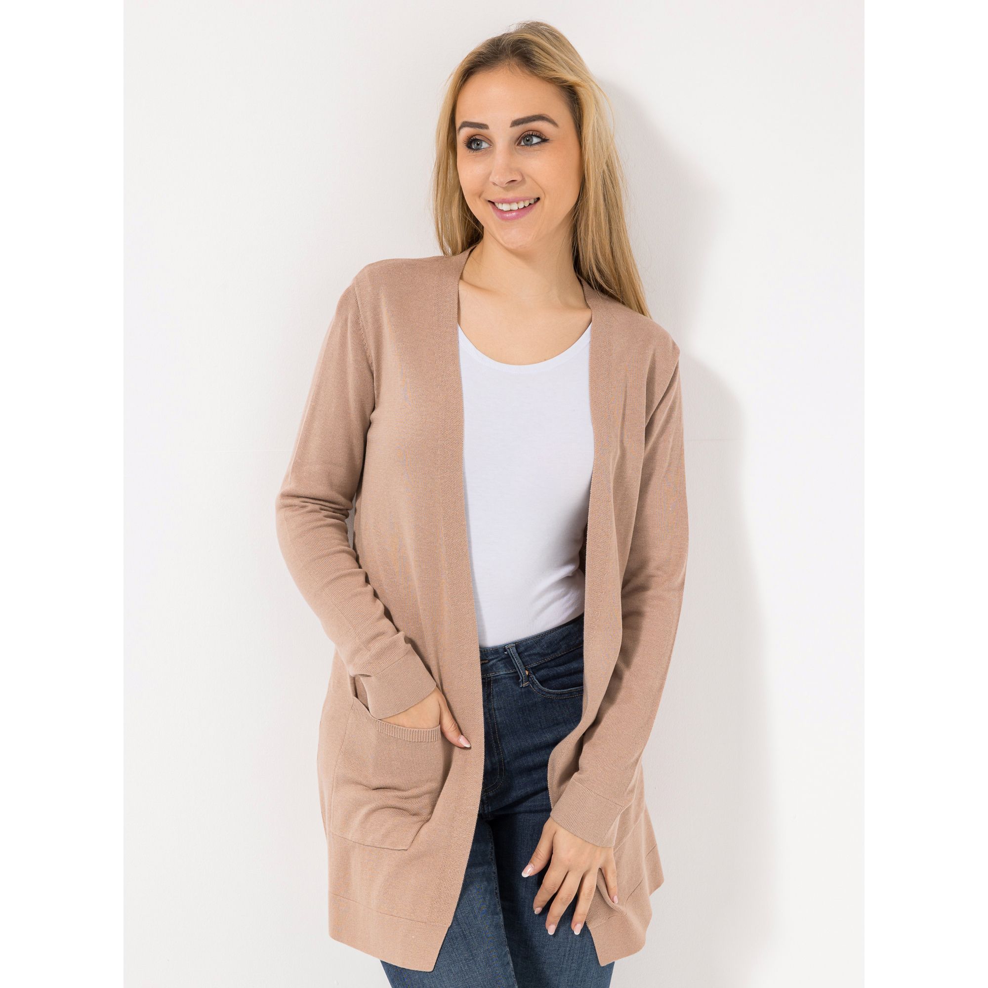 VIA MILANO Longcardigan, 1/1-Arm offene Front aufgesetzte Taschen figurumspielend