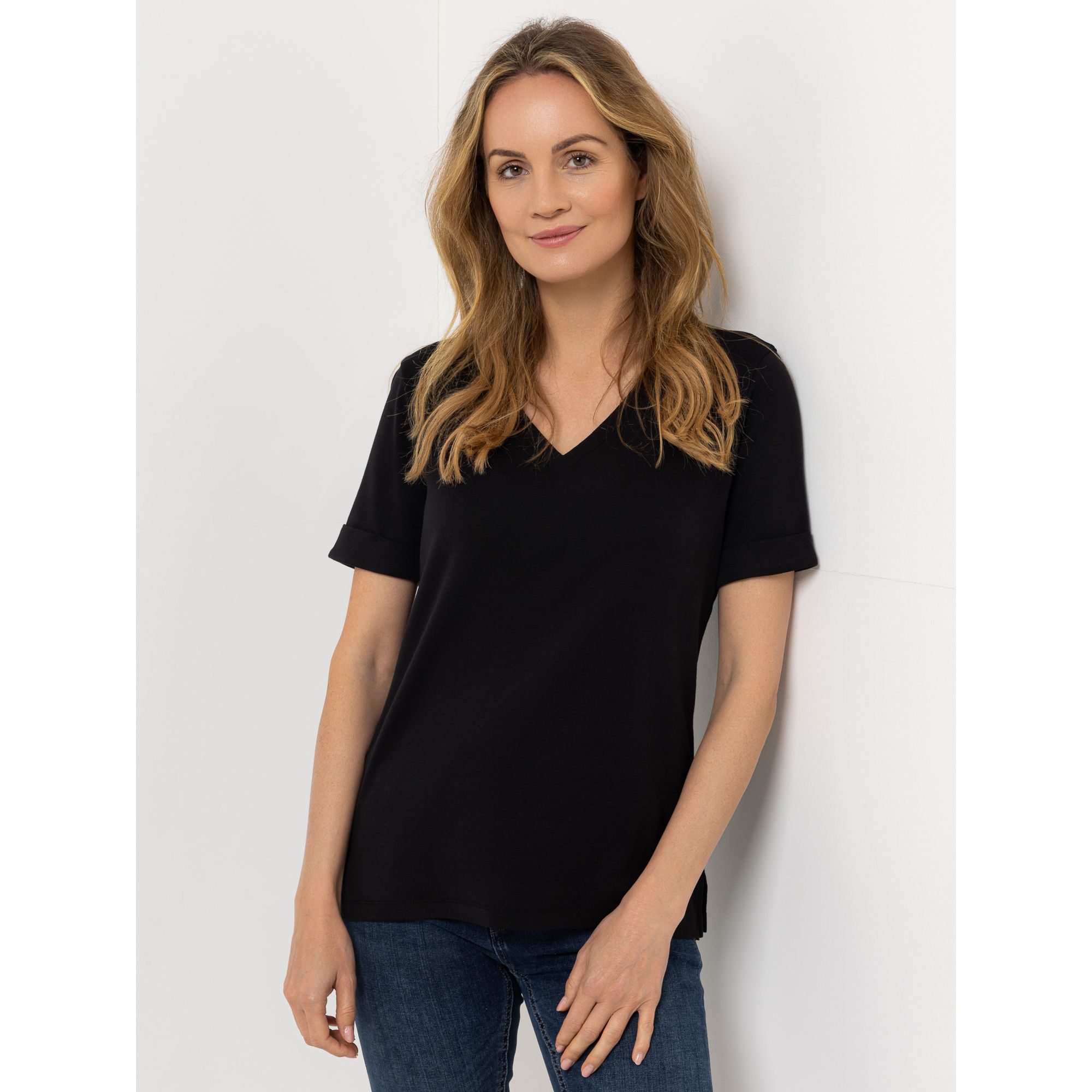 VIA MILANO Shirt, 1/2-Arm V-Ausschnitt Seitenschlitze figurbetont