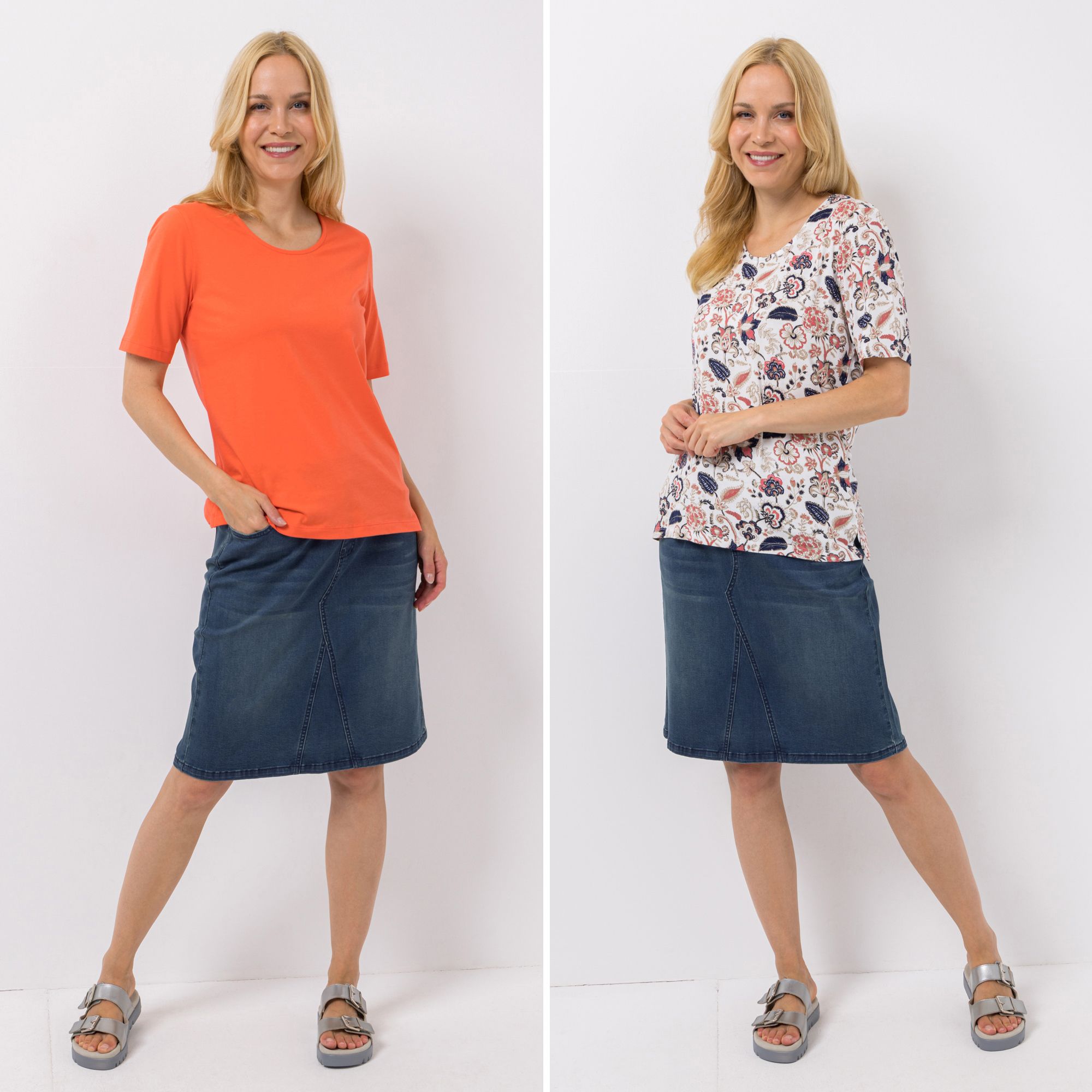 DENIM & CO. Doppelpack Shirts Rundhalsausschnitt Seitenschlitze bedruckt & uni