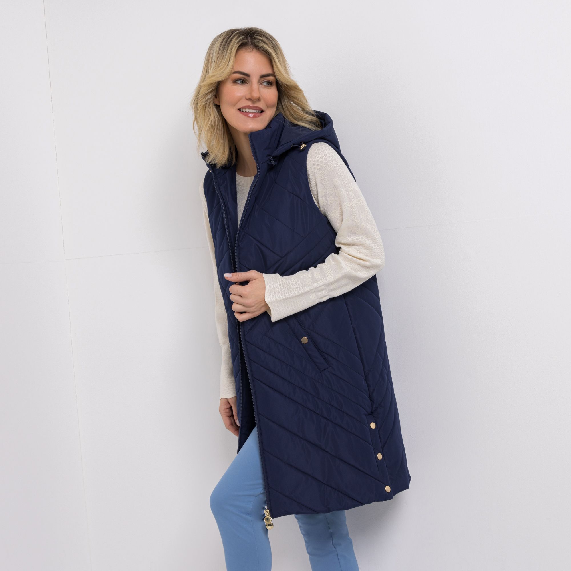 CENTIGRADE Steppweste abnehmbare Kapuze 2-Wege-Reißverschluss lange Form