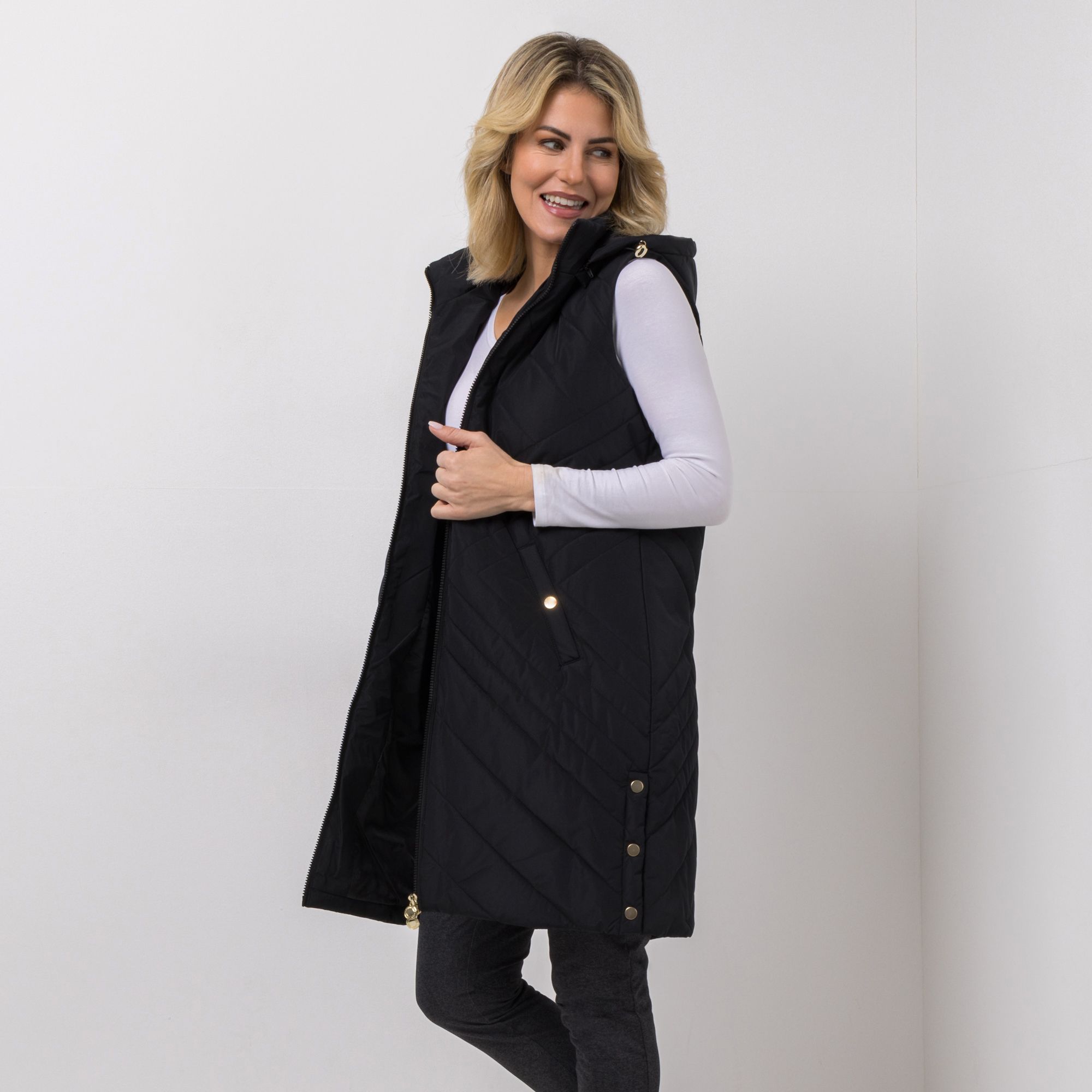 CENTIGRADE Steppweste abnehmbare Kapuze 2-Wege-Reißverschluss lange Form