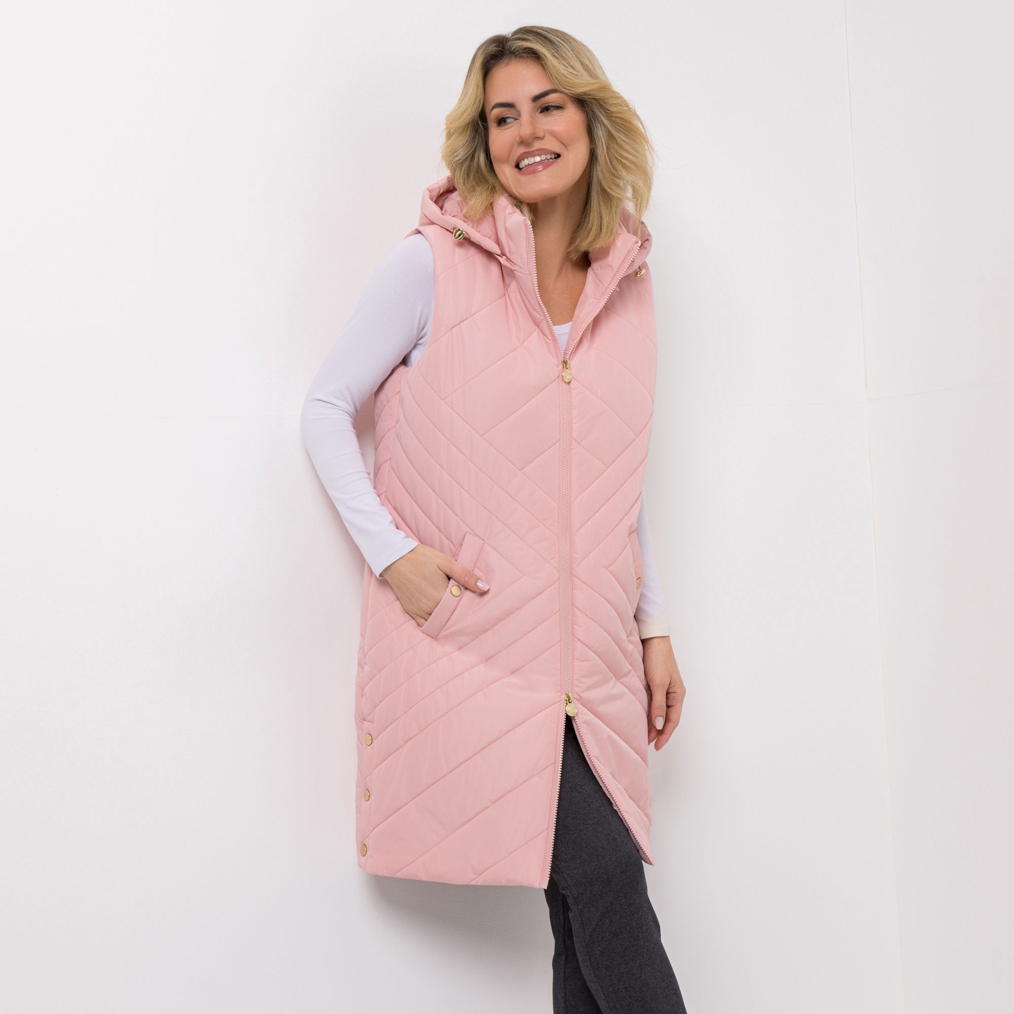 CENTIGRADE Steppweste abnehmbare Kapuze 2-Wege-Reißverschluss lange Form