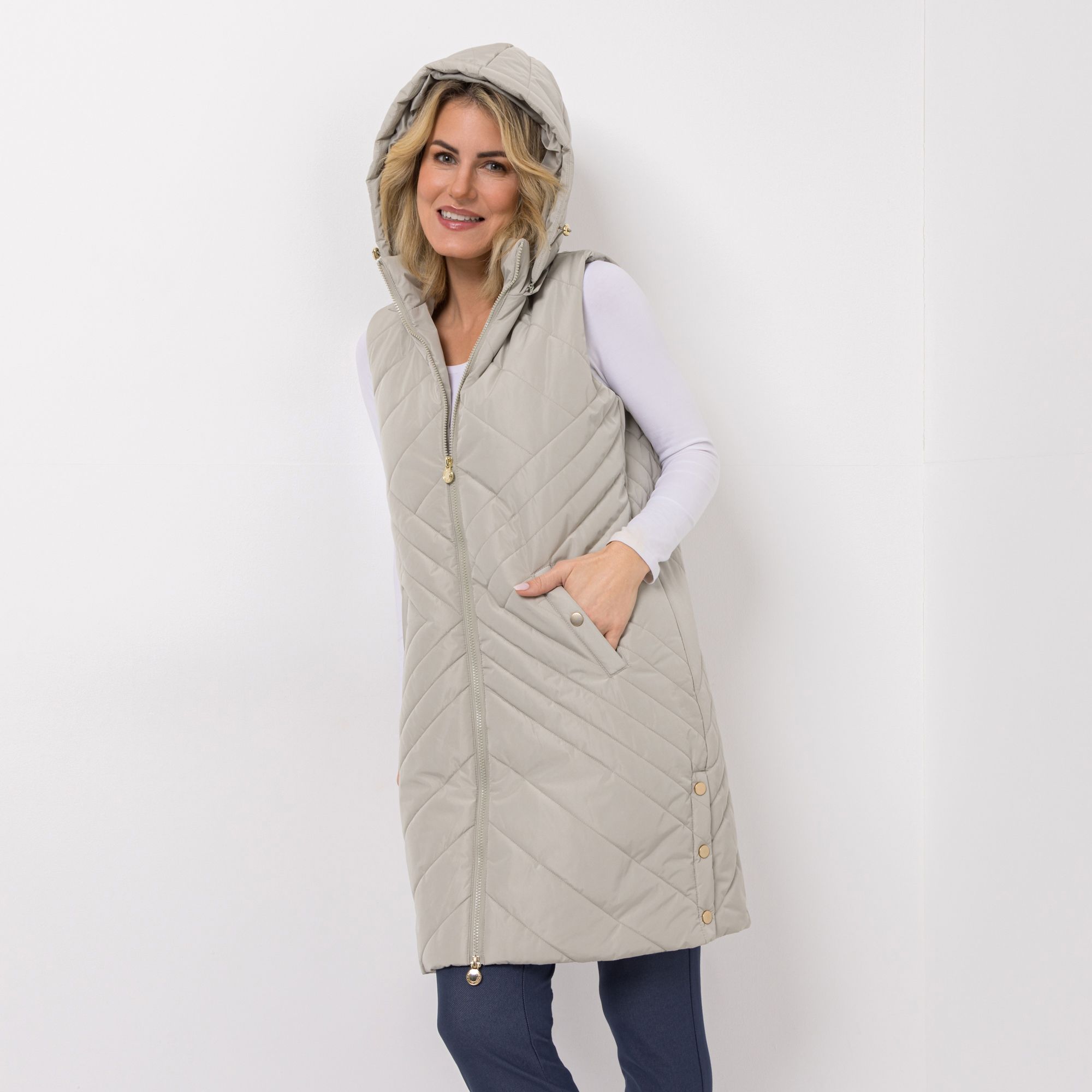 CENTIGRADE Steppweste abnehmbare Kapuze 2-Wege-Reißverschluss lange Form