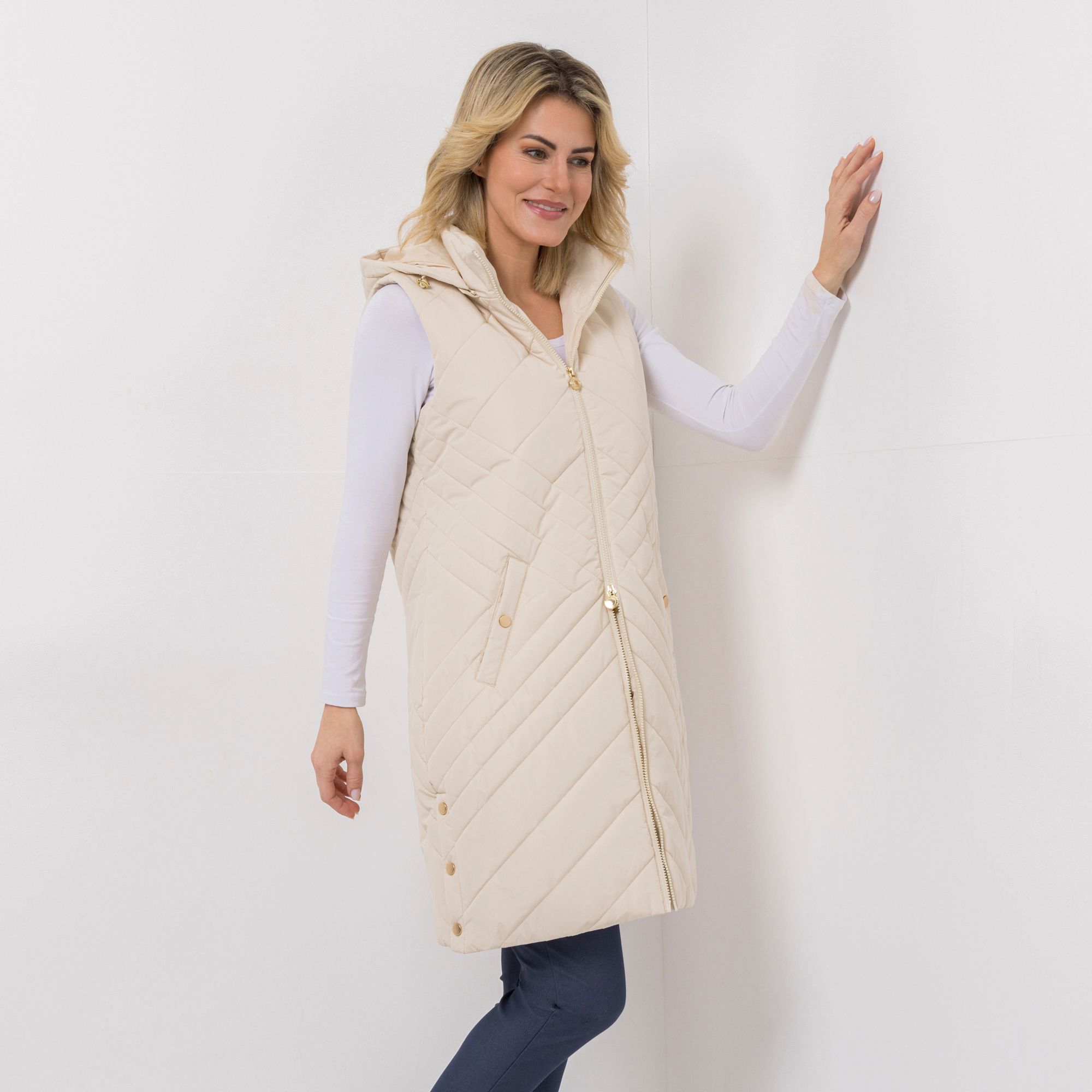 CENTIGRADE Steppweste abnehmbare Kapuze 2-Wege-Reißverschluss lange Form