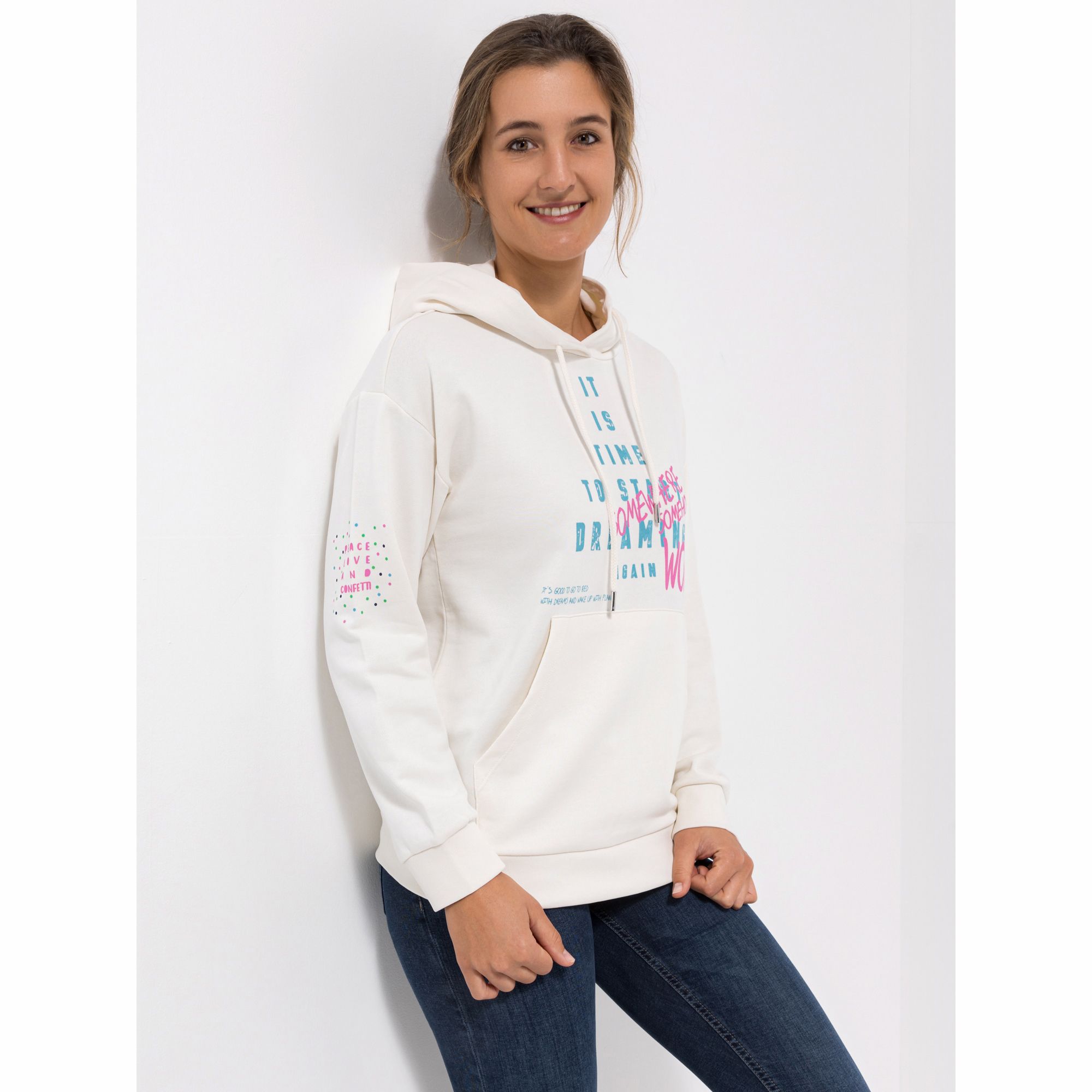 LYLA Hoodie, 1/1-Arm Kängurutasche Druck-Details Stickerei-Details